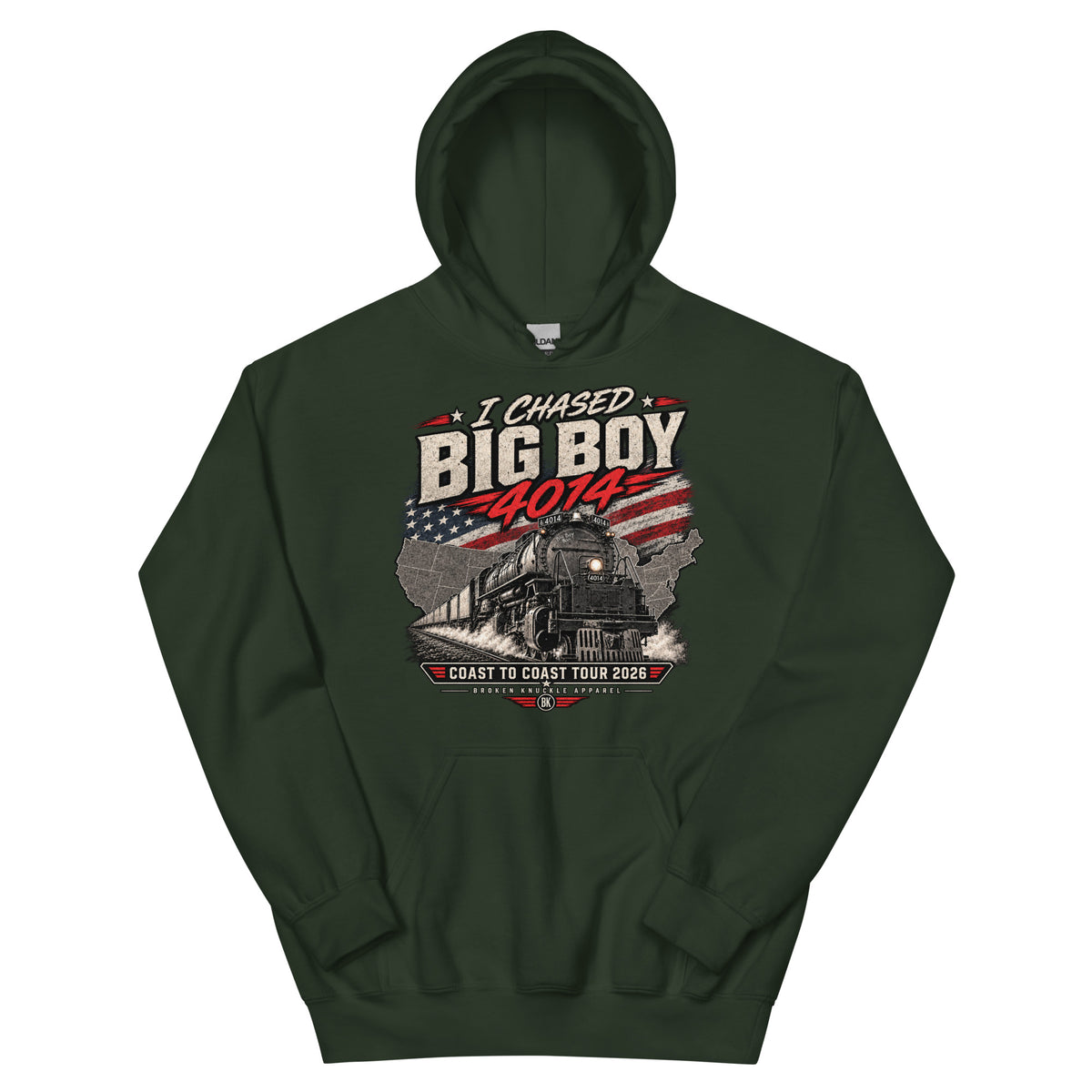 Forest green heavy blend pullover hoodie featuring a graphic of the Big Boy 4014 steam locomotive charging out of a USA map filled with the American flag. Distressed text reads "I CHASED BIG BOY 4014" at the top and "COAST TO COAST TOUR 2026" on a banner at the bottom above the Broken Knuckle Apparel logo.