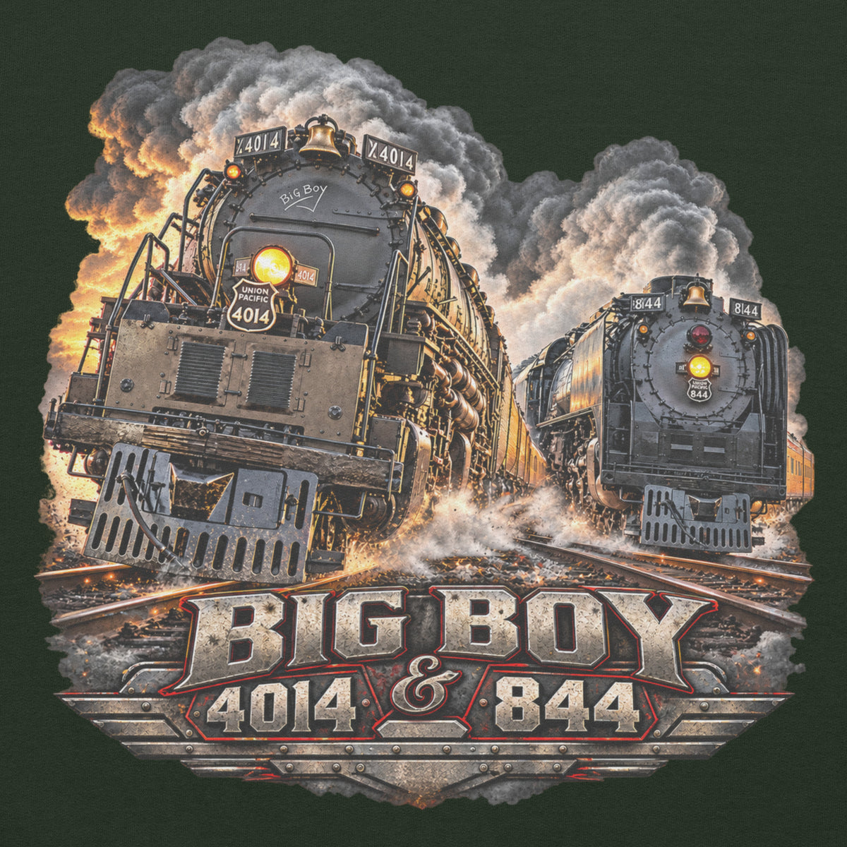 Forest green heavy blend pullover hoodie featuring a highly detailed graphic of the Big Boy 4014 and 844 steam locomotives charging down the tracks side-by-side surrounded by smoke and steam. Bold, metallic-style text at the bottom reads "BIG BOY 4014 & 844" on a distressed vintage badge.   