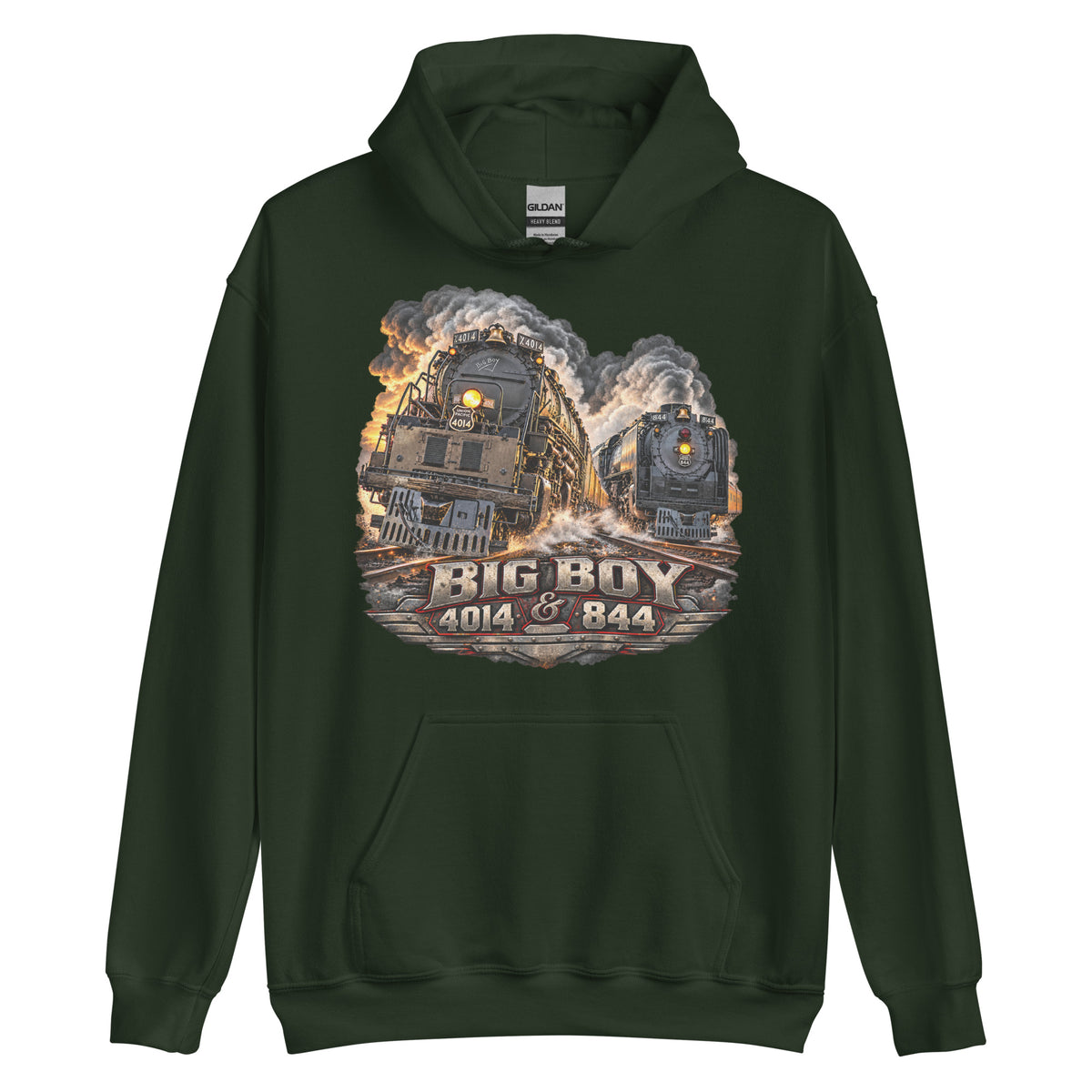 Forest green heavy blend pullover hoodie featuring a highly detailed graphic of the Big Boy 4014 and 844 steam locomotives charging down the tracks side-by-side surrounded by smoke and steam. Bold, metallic-style text at the bottom reads "BIG BOY 4014 & 844" on a distressed vintage badge.   