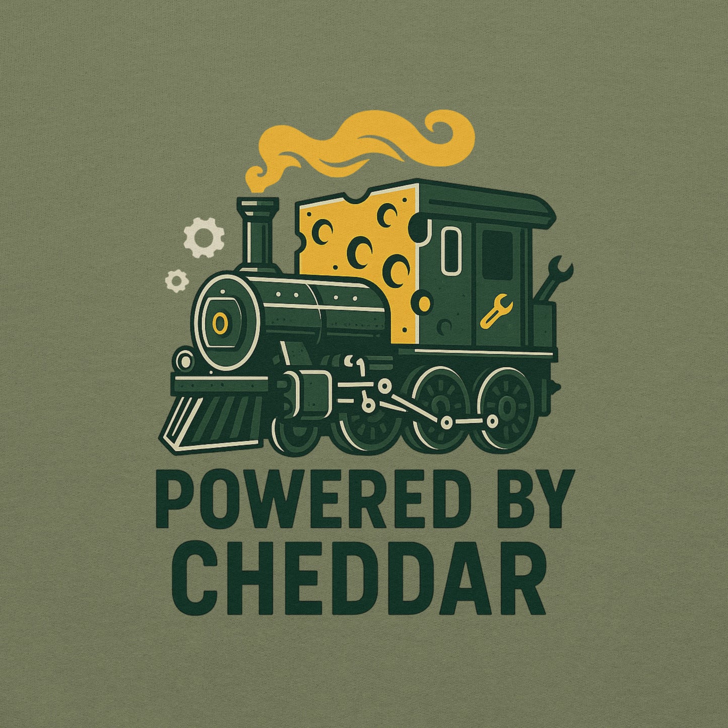 Train design with cheese on top and 'Powered by Cheddar' text on a green background
