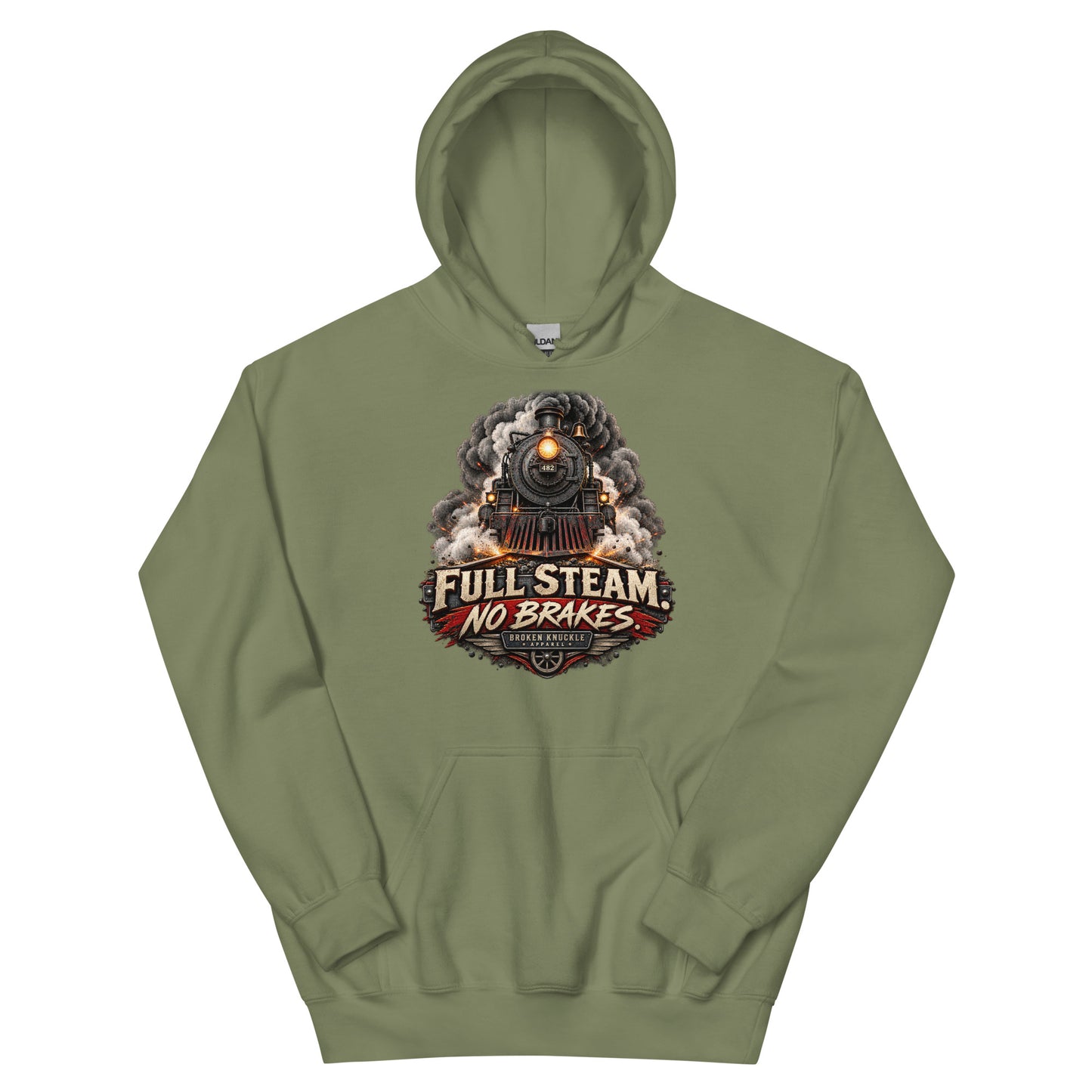 Army green heavy blend pullover hoodie featuring an explosive graphic of a front-facing steam locomotive bursting through smoke and fiery sparks. Bold, distressed vintage text reads "FULL STEAM. NO BRAKES." above a winged train wheel badge that reads "BROKEN KNUCKLE APPAREL".