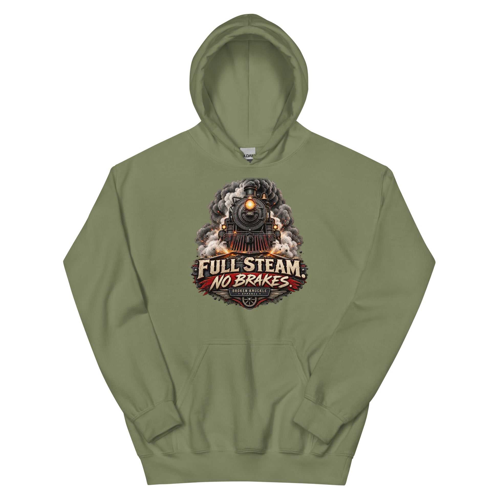 Army green heavy blend pullover hoodie featuring an explosive graphic of a front-facing steam locomotive bursting through smoke and fiery sparks. Bold, distressed vintage text reads "FULL STEAM. NO BRAKES." above a winged train wheel badge that reads "BROKEN KNUCKLE APPAREL".