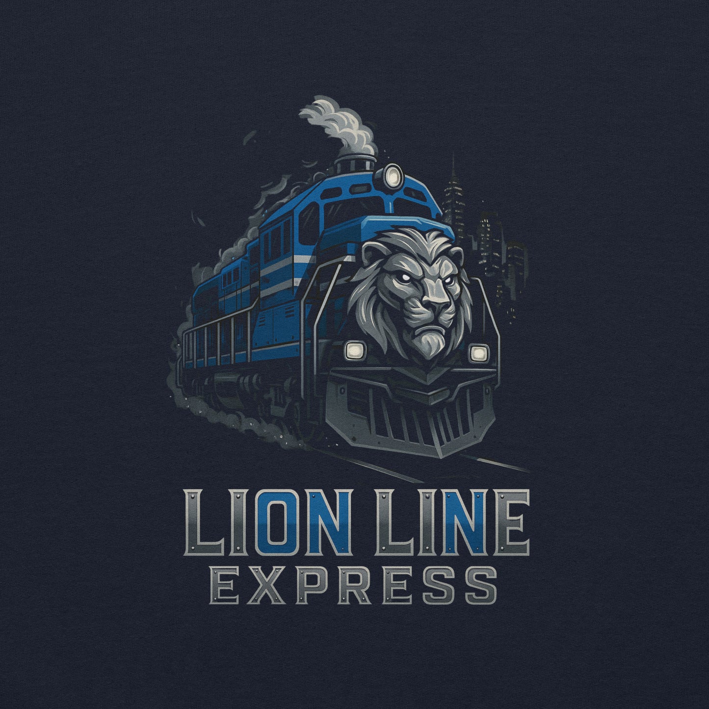 Blue train with lion head design on a dark background, featuring 'Lion Line Express' text.