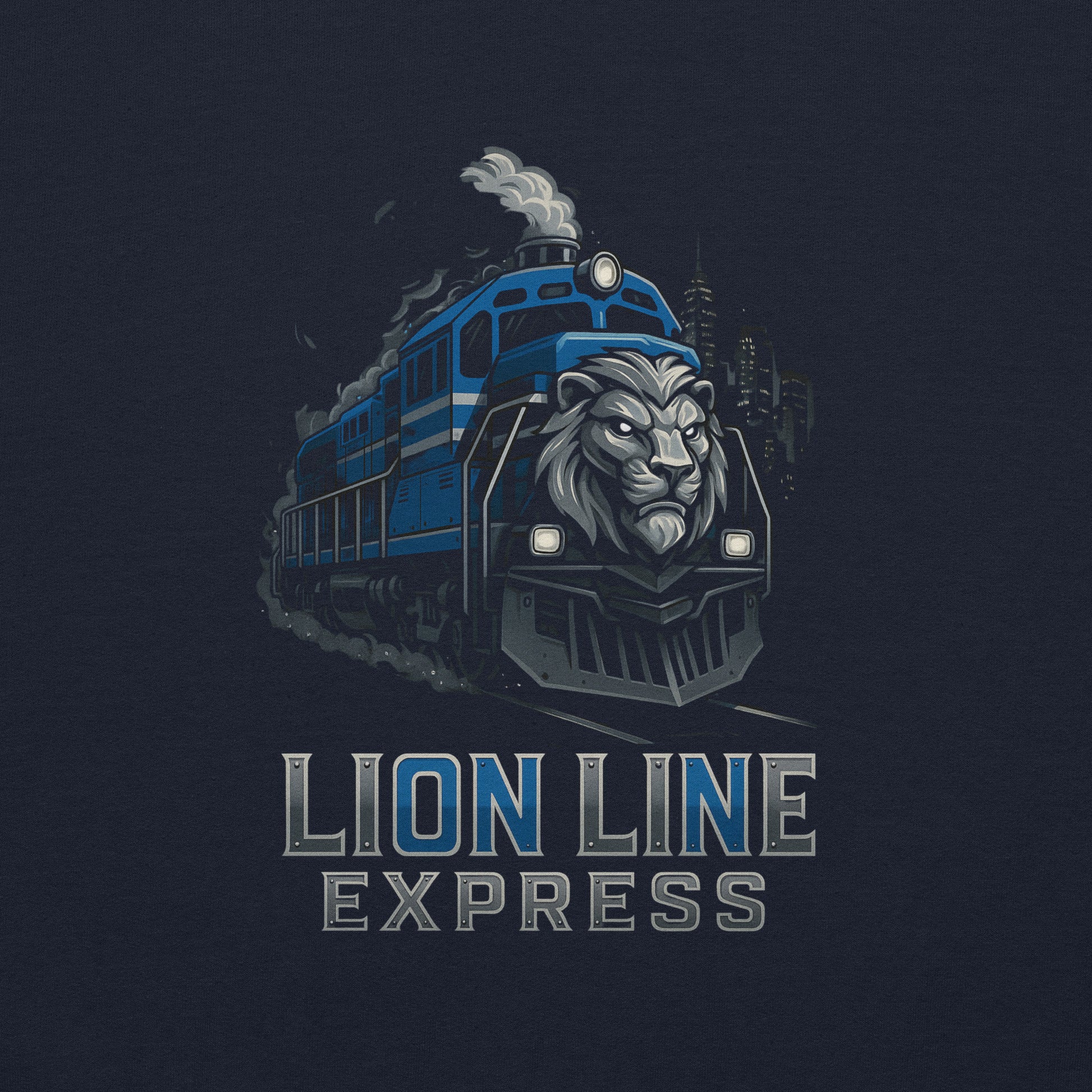 Blue train with lion head design on a dark background, featuring 'Lion Line Express' text.
