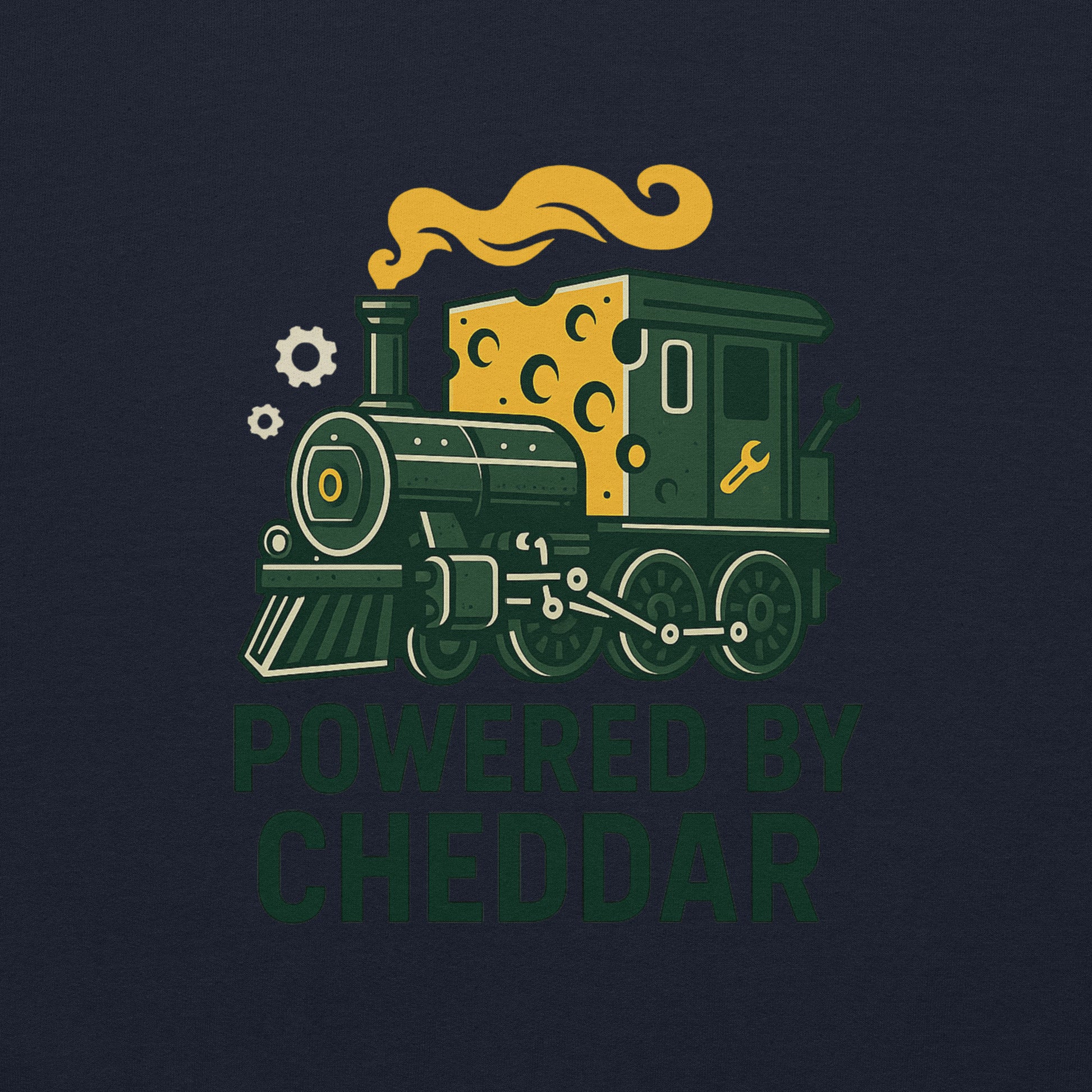 Train engine with cheese on a dark background, featuring the text 'Powered by Cheddar'.