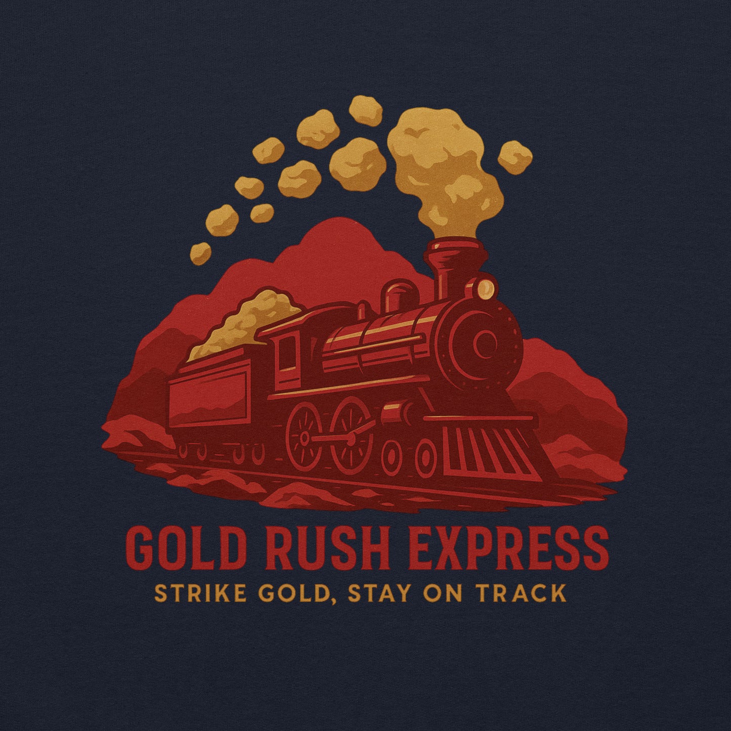 Vintage-style train graphic with 'Gold Rush Express' text on a dark background