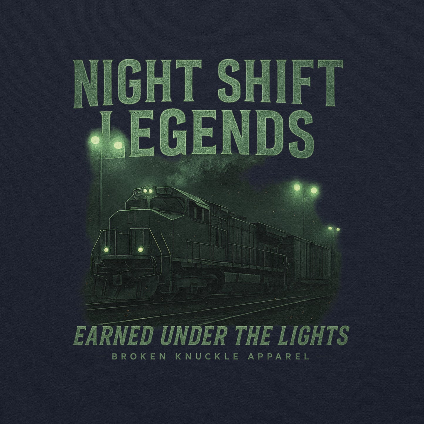 Train graphic with 'Night Shift Legends' text on a dark background