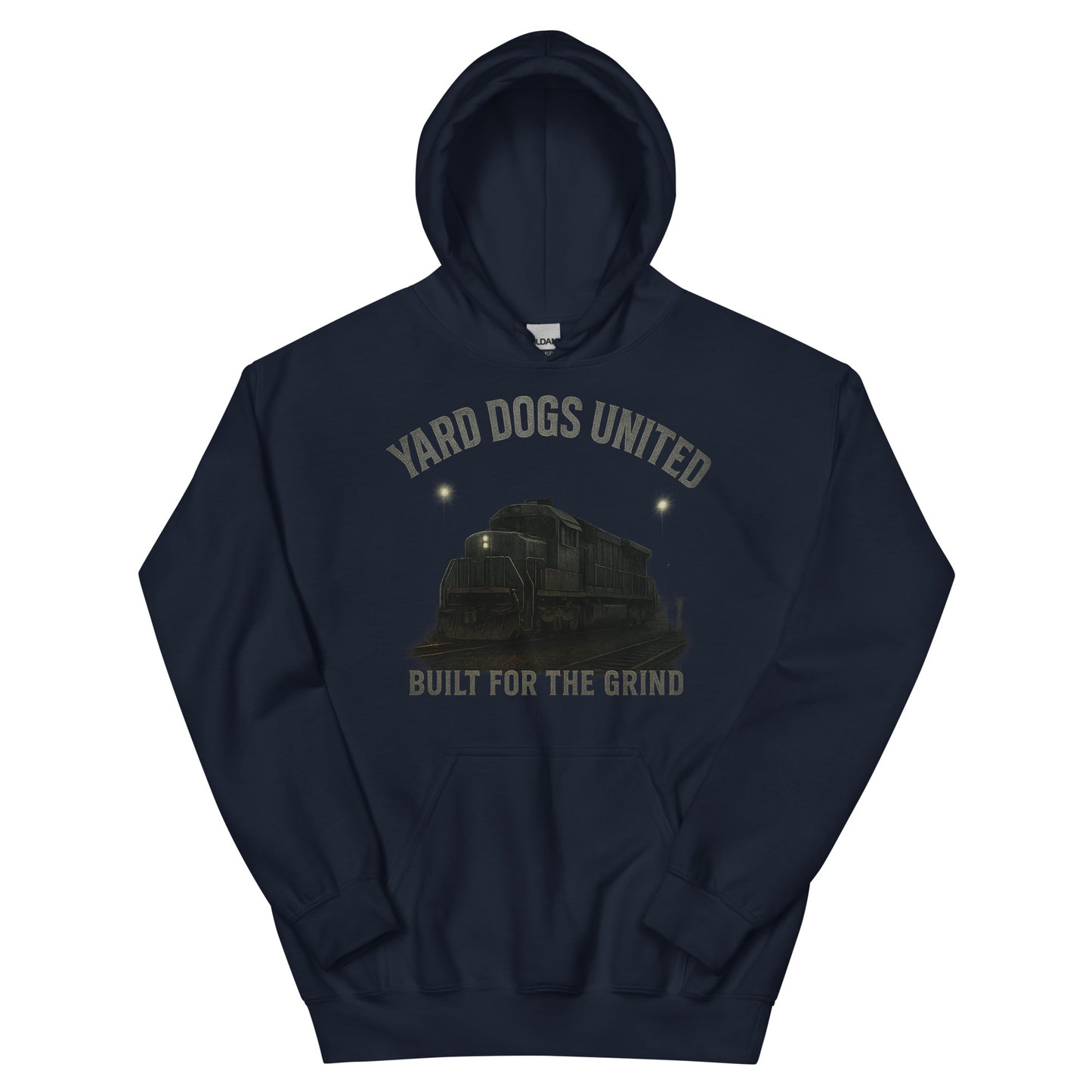 Navy blue hoodie with graphic design and text on a white background