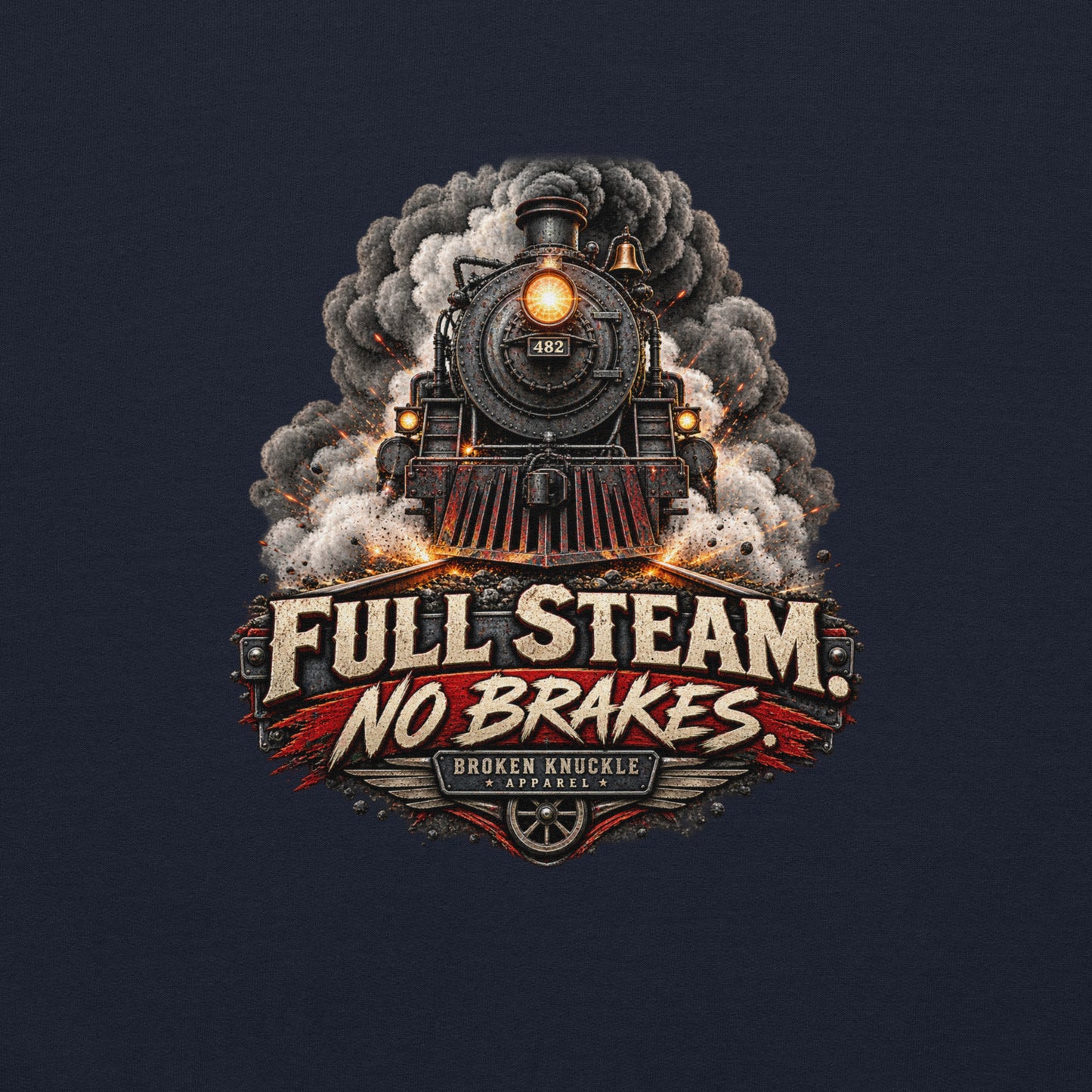 Navy heavy blend pullover hoodie featuring an explosive graphic of a front-facing steam locomotive bursting through smoke and fiery sparks. Bold, distressed vintage text reads "FULL STEAM. NO BRAKES." above a winged train wheel badge that reads "BROKEN KNUCKLE APPAREL".