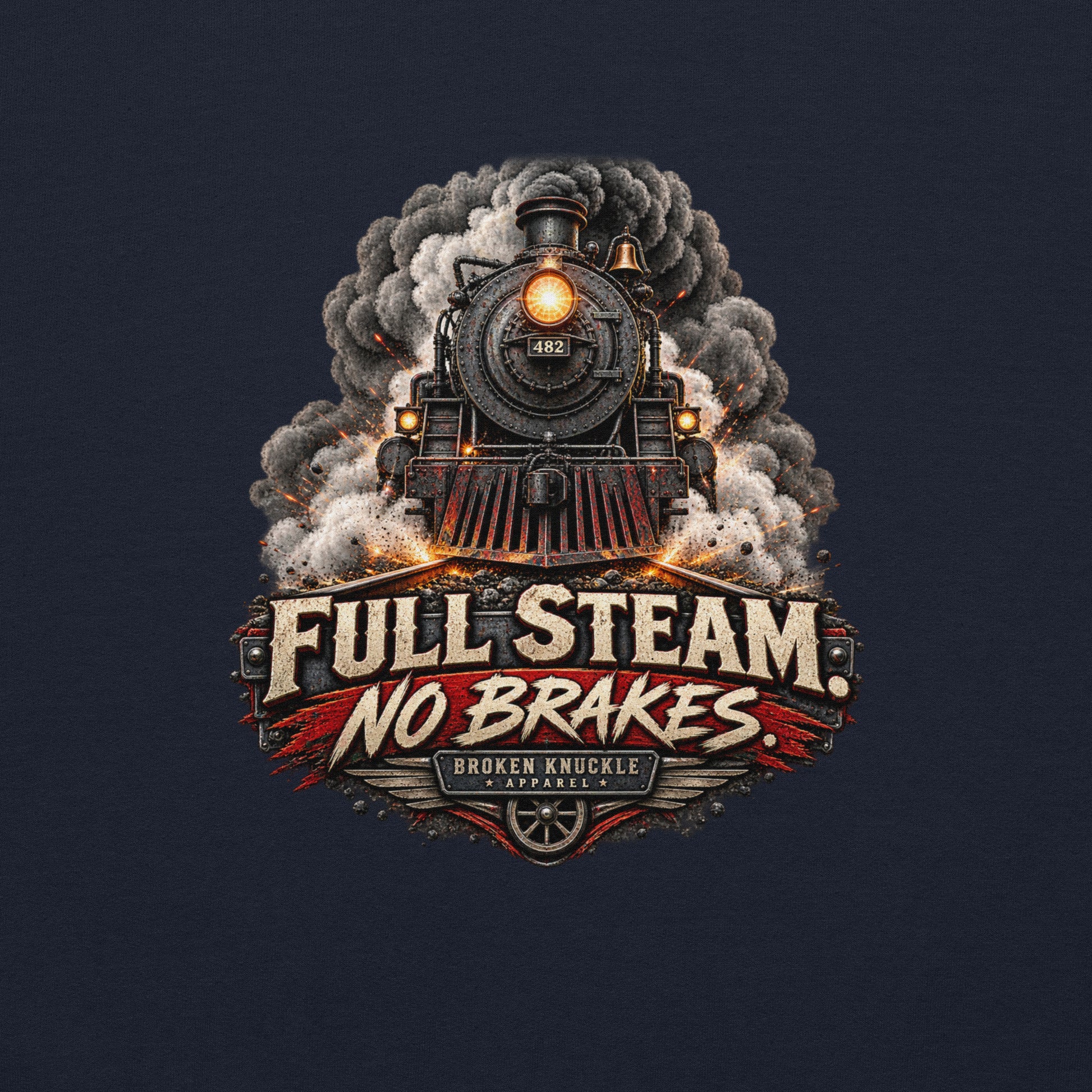 Navy heavy blend pullover hoodie featuring an explosive graphic of a front-facing steam locomotive bursting through smoke and fiery sparks. Bold, distressed vintage text reads "FULL STEAM. NO BRAKES." above a winged train wheel badge that reads "BROKEN KNUCKLE APPAREL".