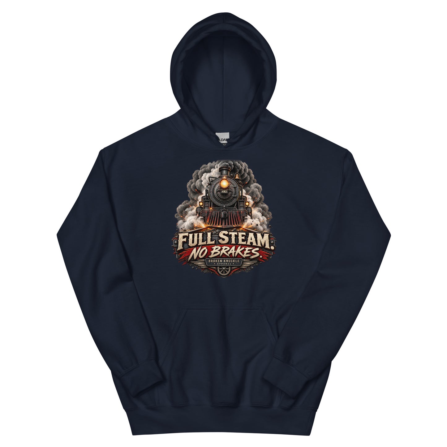 Navy heavy blend pullover hoodie featuring an explosive graphic of a front-facing steam locomotive bursting through smoke and fiery sparks. Bold, distressed vintage text reads "FULL STEAM. NO BRAKES." above a winged train wheel badge that reads "BROKEN KNUCKLE APPAREL".