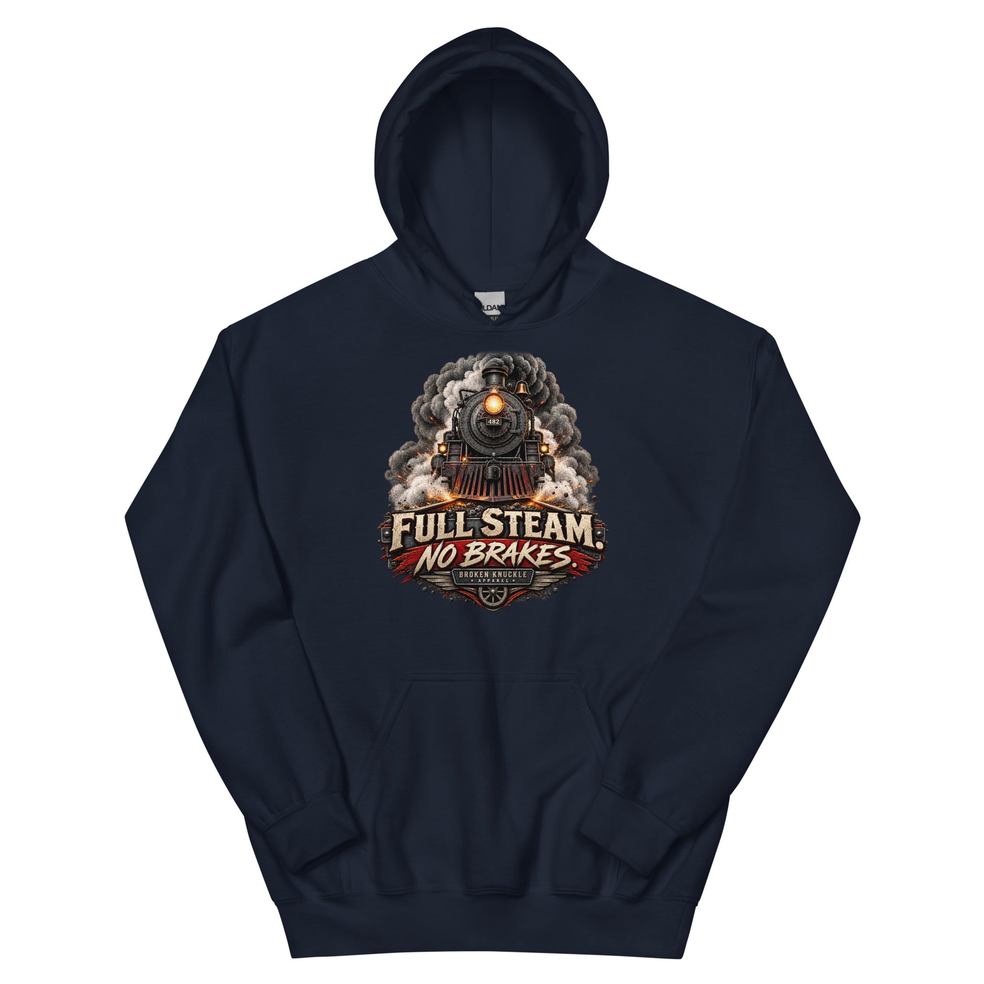 Navy heavy blend pullover hoodie featuring an explosive graphic of a front-facing steam locomotive bursting through smoke and fiery sparks. Bold, distressed vintage text reads "FULL STEAM. NO BRAKES." above a winged train wheel badge that reads "BROKEN KNUCKLE APPAREL".
