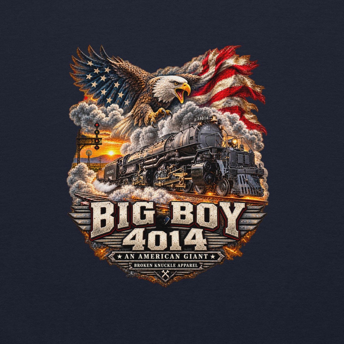 navy heavy blend pullover hoodie featuring a highly detailed patriotic graphic. A bald eagle and American flag soar above the Big Boy 4014 steam locomotive charging down the tracks at sunset. Bold metallic-style text reads "BIG BOY 4014" above a banner reading "AN AMERICAN GIANT" and the Broken Knuckle Apparel logo.