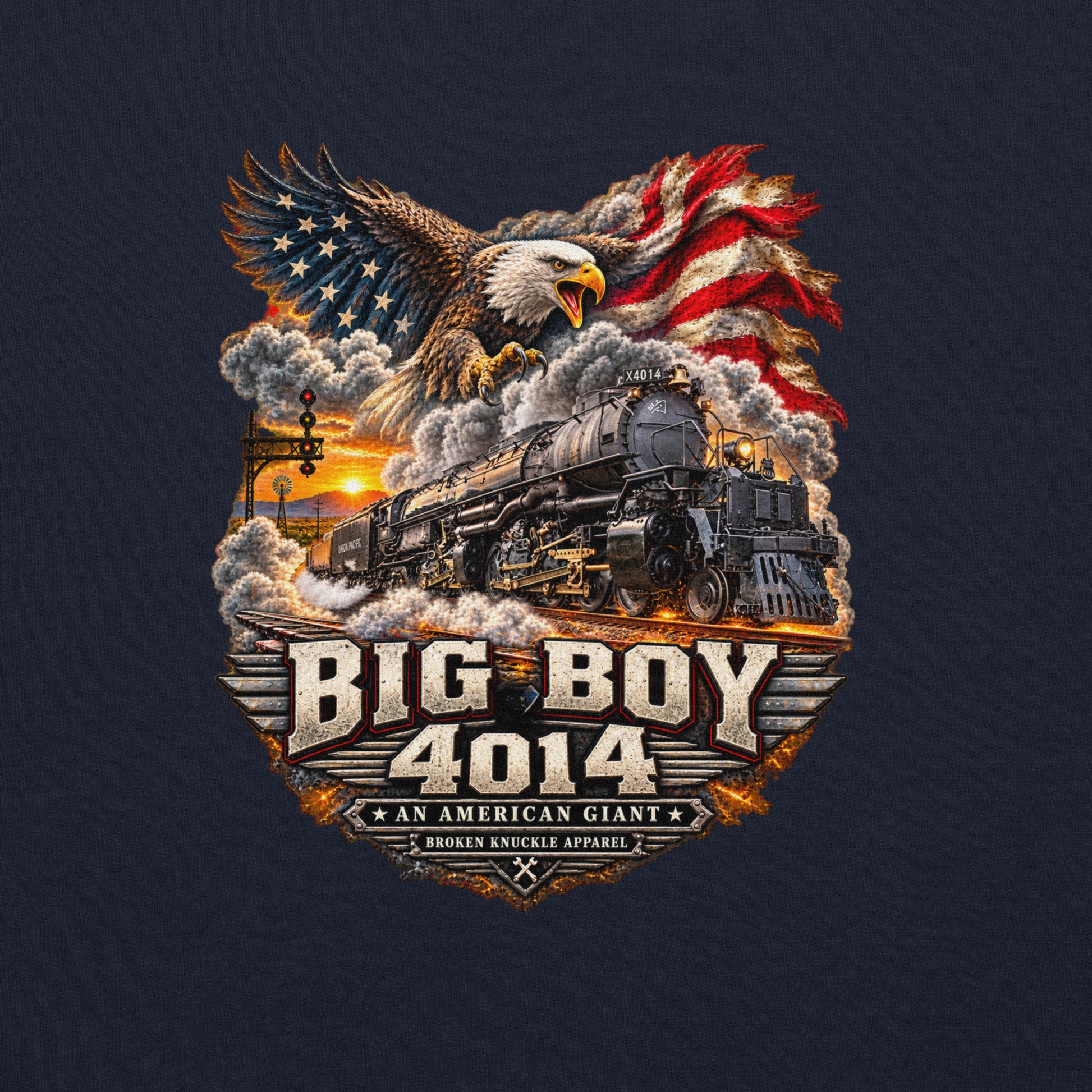 navy heavy blend pullover hoodie featuring a highly detailed patriotic graphic. A bald eagle and American flag soar above the Big Boy 4014 steam locomotive charging down the tracks at sunset. Bold metallic-style text reads "BIG BOY 4014" above a banner reading "AN AMERICAN GIANT" and the Broken Knuckle Apparel logo.