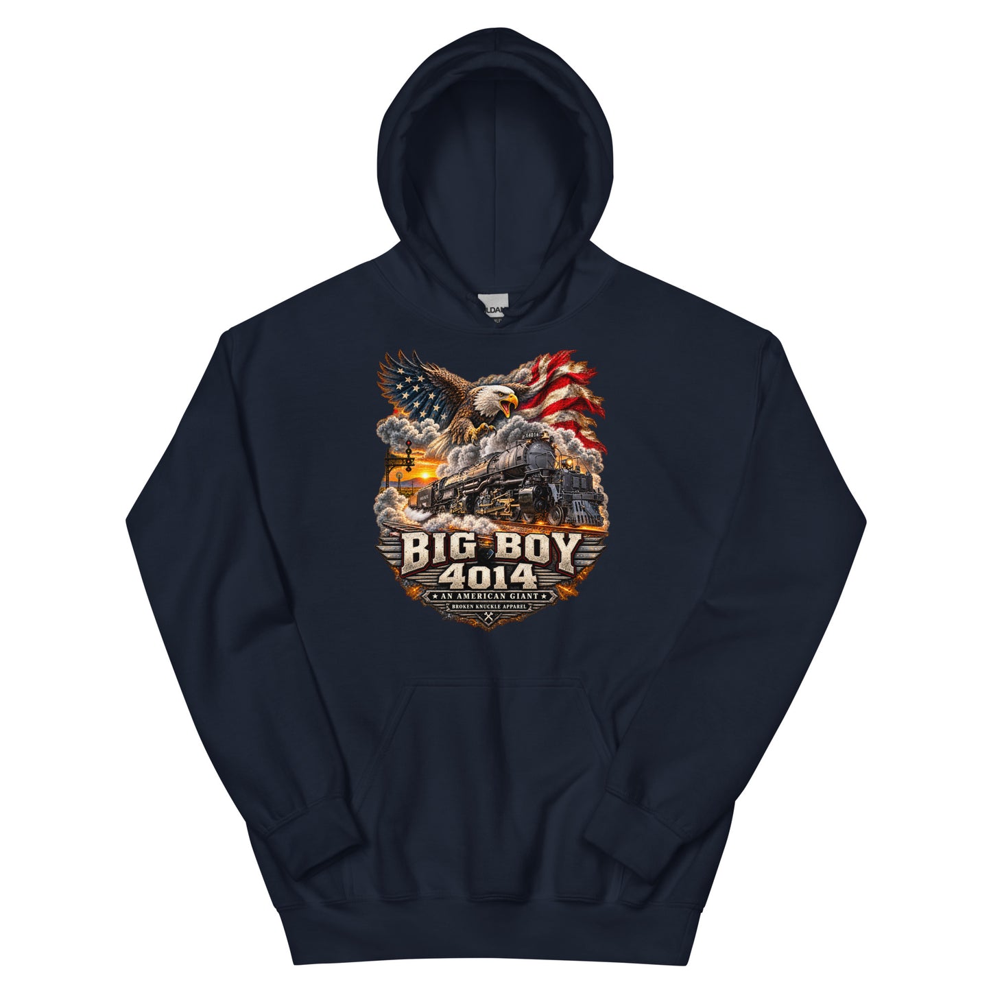 navy heavy blend pullover hoodie featuring a highly detailed patriotic graphic. A bald eagle and American flag soar above the Big Boy 4014 steam locomotive charging down the tracks at sunset. Bold metallic-style text reads "BIG BOY 4014" above a banner reading "AN AMERICAN GIANT" and the Broken Knuckle Apparel logo.