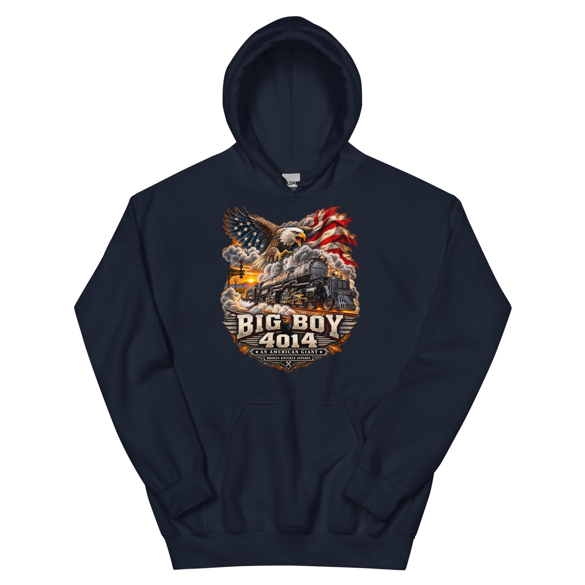 navy heavy blend pullover hoodie featuring a highly detailed patriotic graphic. A bald eagle and American flag soar above the Big Boy 4014 steam locomotive charging down the tracks at sunset. Bold metallic-style text reads "BIG BOY 4014" above a banner reading "AN AMERICAN GIANT" and the Broken Knuckle Apparel logo.
