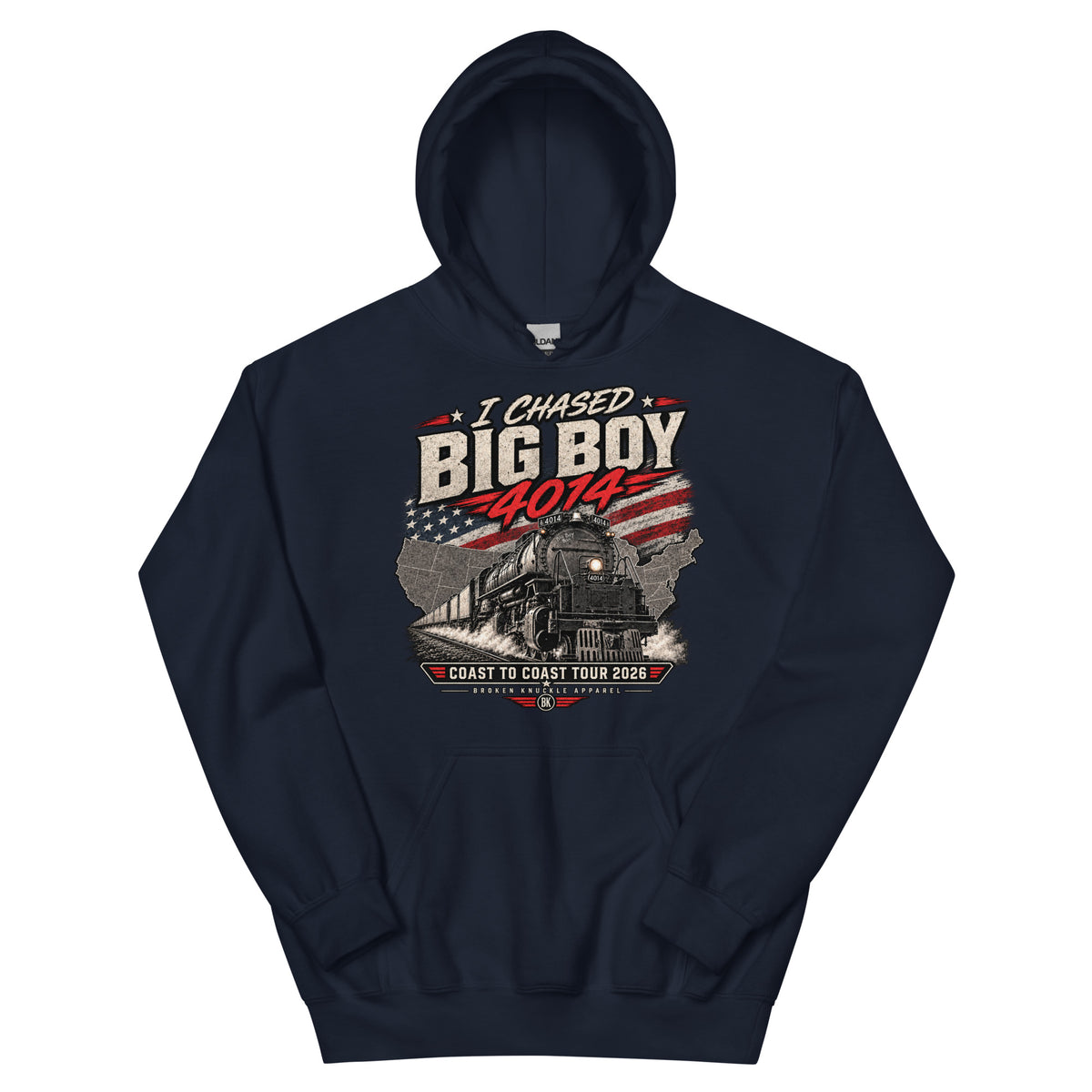 Navy heavy blend pullover hoodie featuring a graphic of the Big Boy 4014 steam locomotive charging out of a USA map filled with the American flag. Distressed text reads "I CHASED BIG BOY 4014" at the top and "COAST TO COAST TOUR 2026" on a banner at the bottom above the Broken Knuckle Apparel logo.