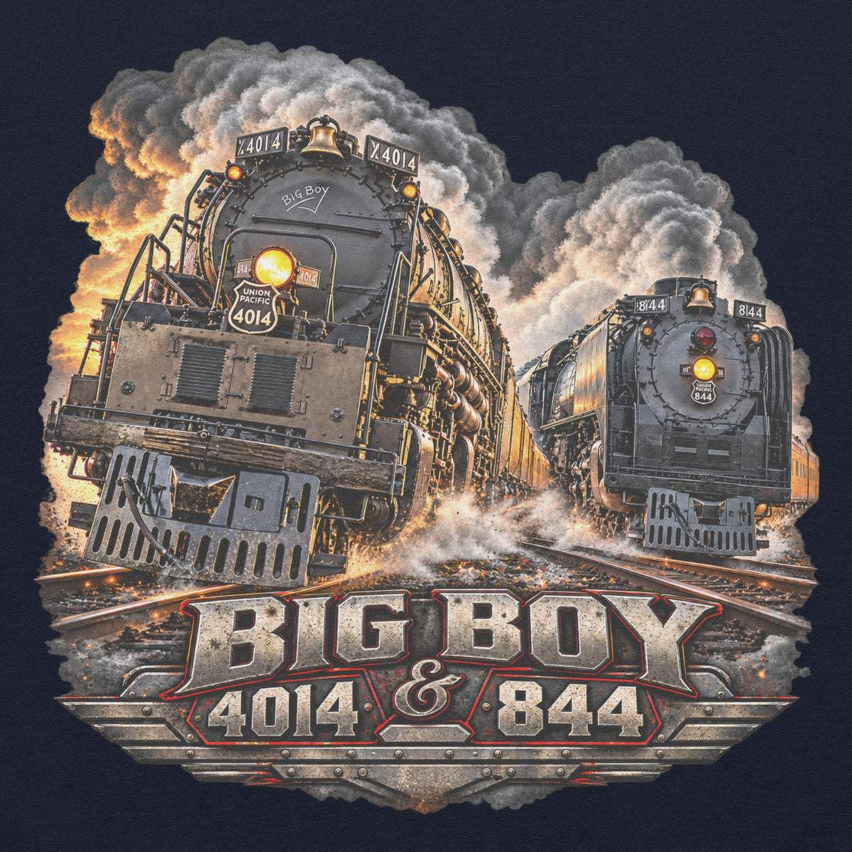 Navy heavy blend pullover hoodie featuring a highly detailed graphic of the Big Boy 4014 and 844 steam locomotives charging down the tracks side-by-side surrounded by smoke and steam. Bold, metallic-style text at the bottom reads "BIG BOY 4014 & 844" on a distressed vintage badge.   