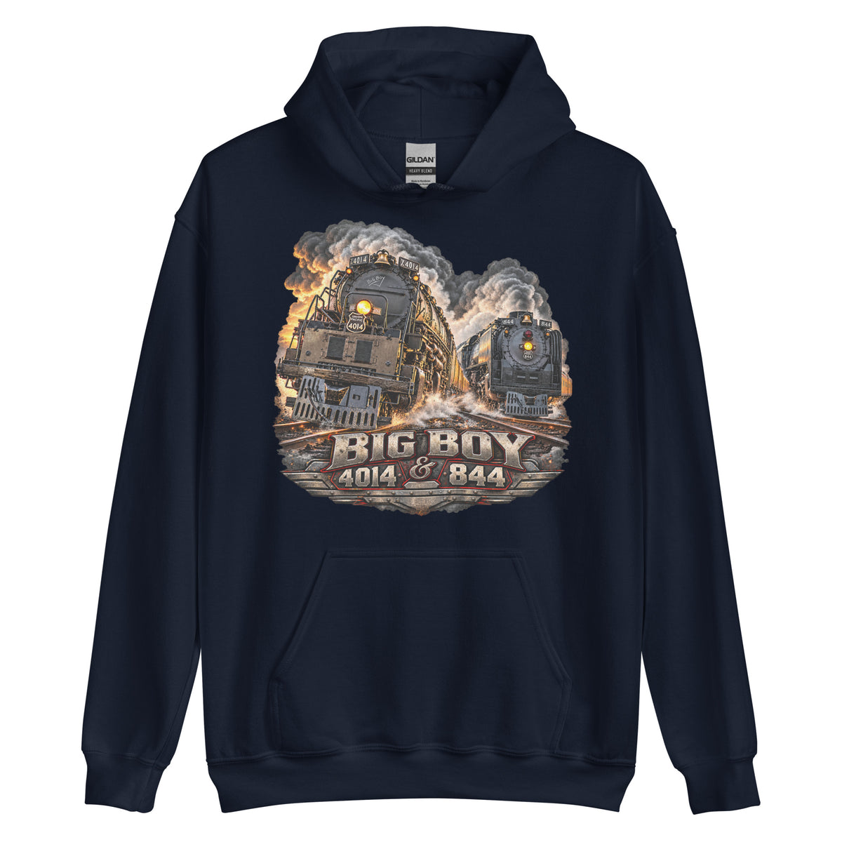 Navy heavy blend pullover hoodie featuring a highly detailed graphic of the Big Boy 4014 and 844 steam locomotives charging down the tracks side-by-side surrounded by smoke and steam. Bold, metallic-style text at the bottom reads "BIG BOY 4014 & 844" on a distressed vintage badge.   