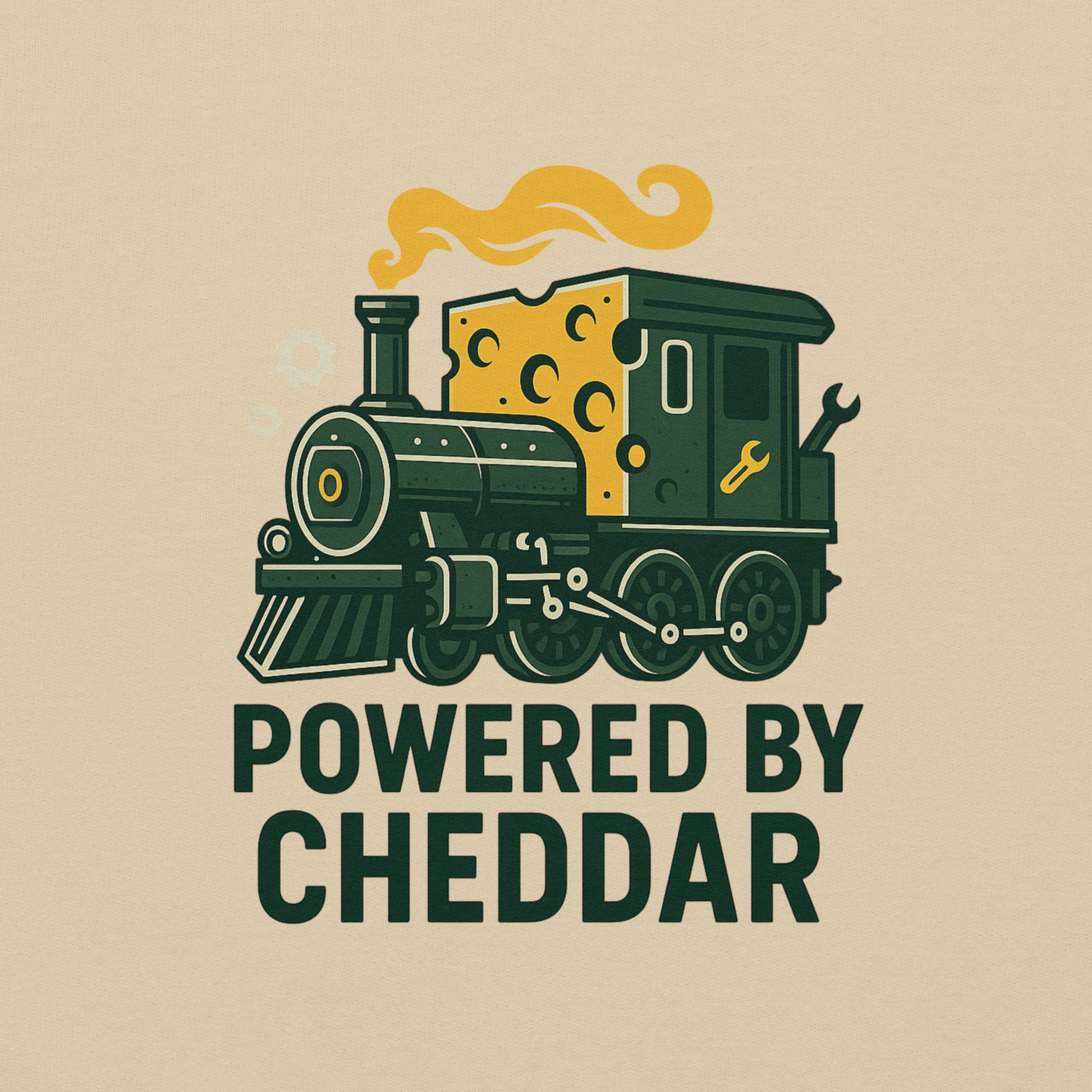 Train engine with cheese block on beige background and 'Powered by Cheddar' text
