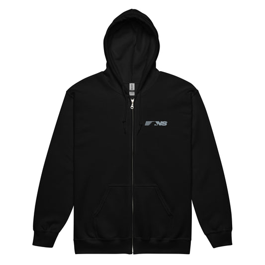 Black hoodie with a logo on the chest against a white background