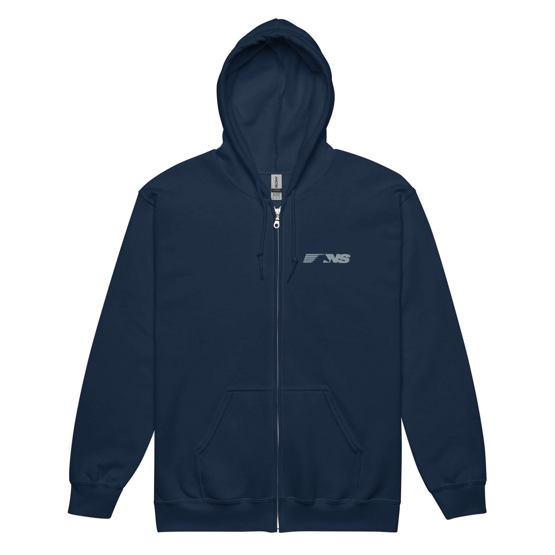 Navy blue hoodie with a logo on the chest against a white background