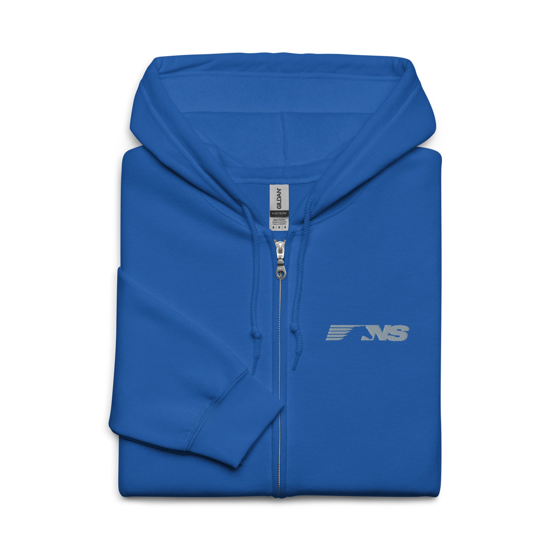 Blue hoodie with a logo on a white background