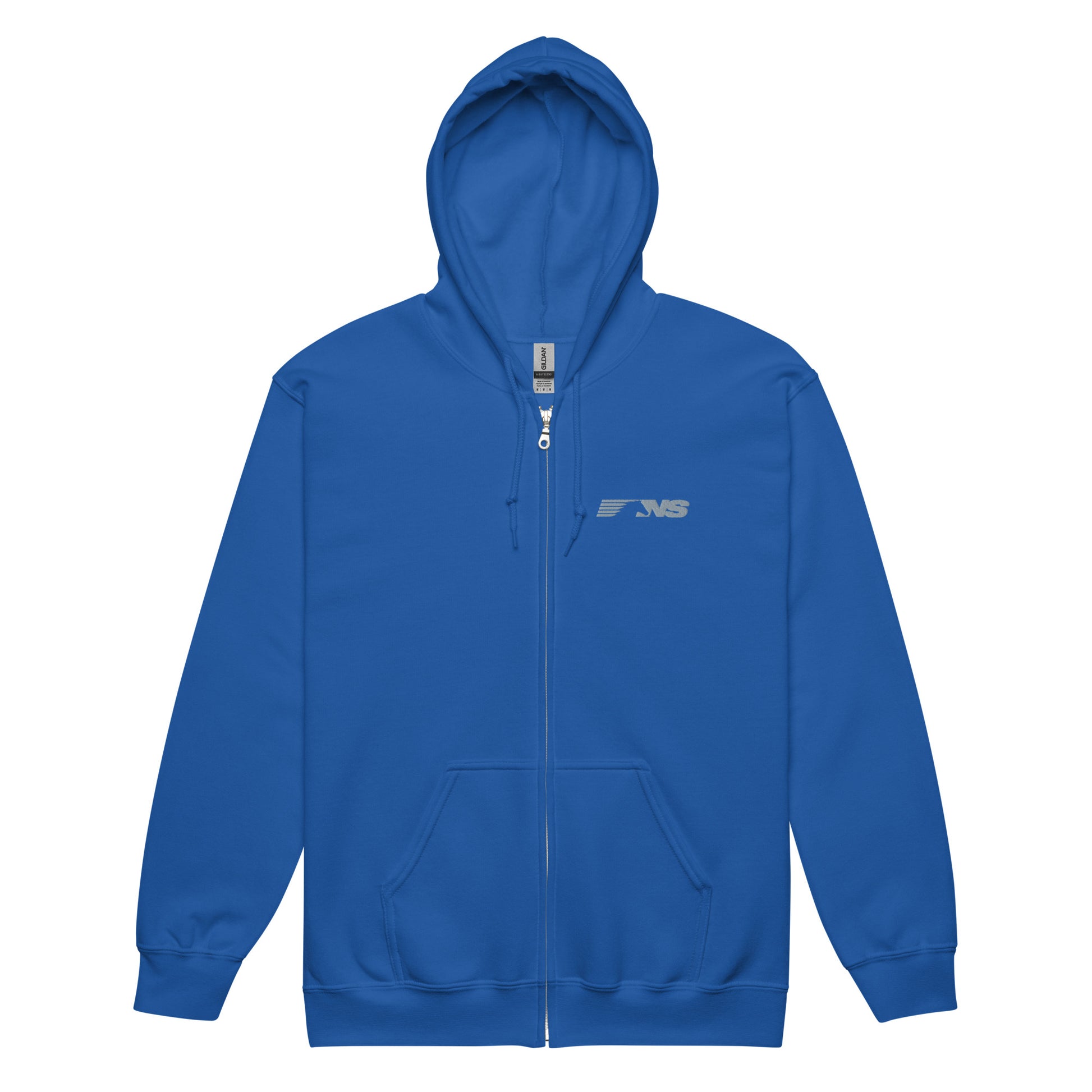 Blue hoodie with a logo on a white background
