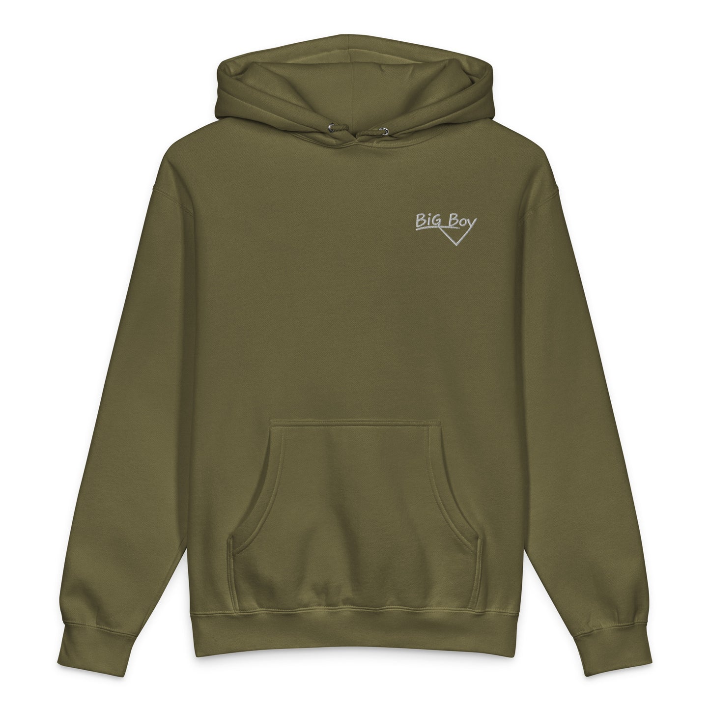 Army green heavyweight hoodie featuring the classic white chalk-style "Big Boy" script logo embroidered on the left chest.