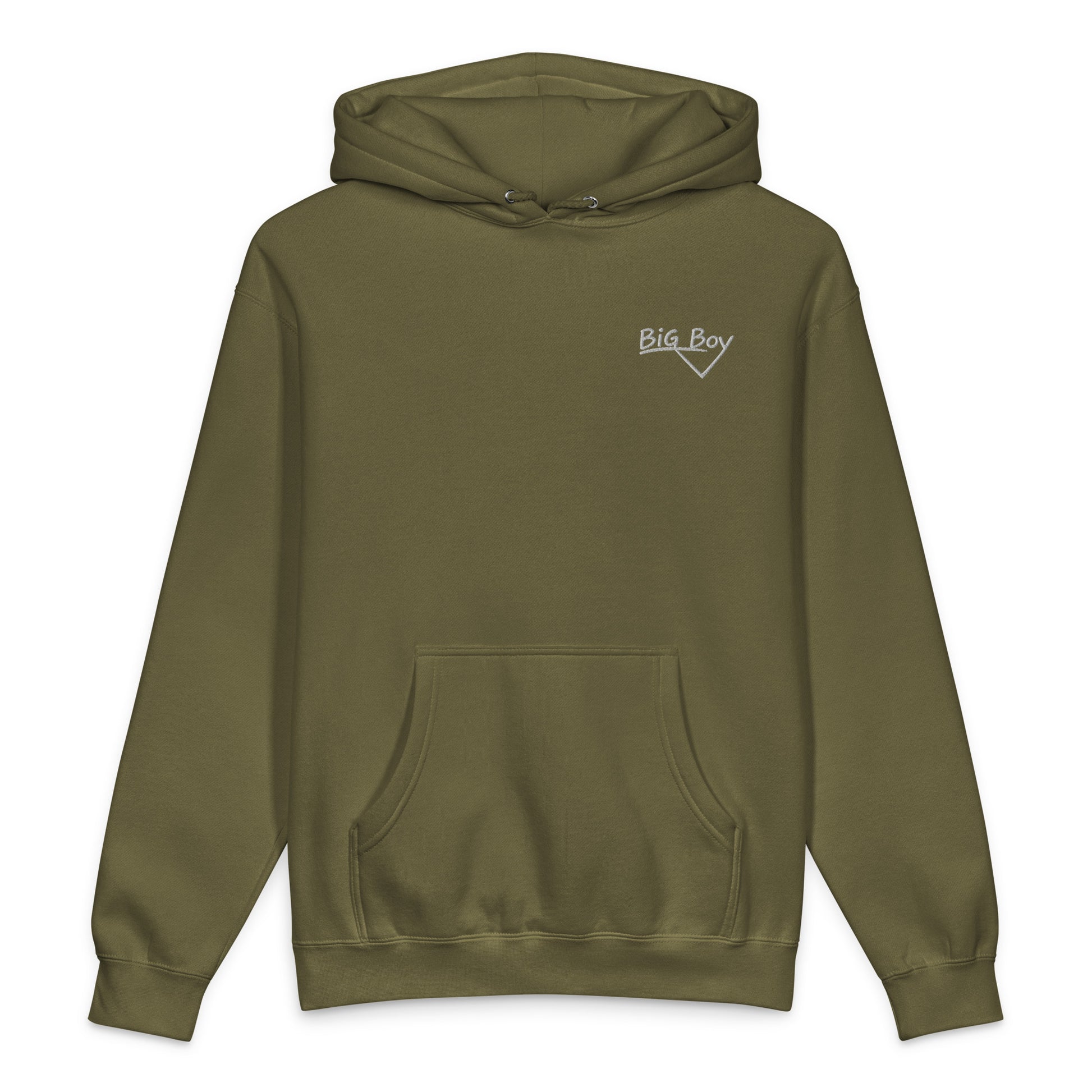 Army green heavyweight hoodie featuring the classic white chalk-style "Big Boy" script logo embroidered on the left chest.