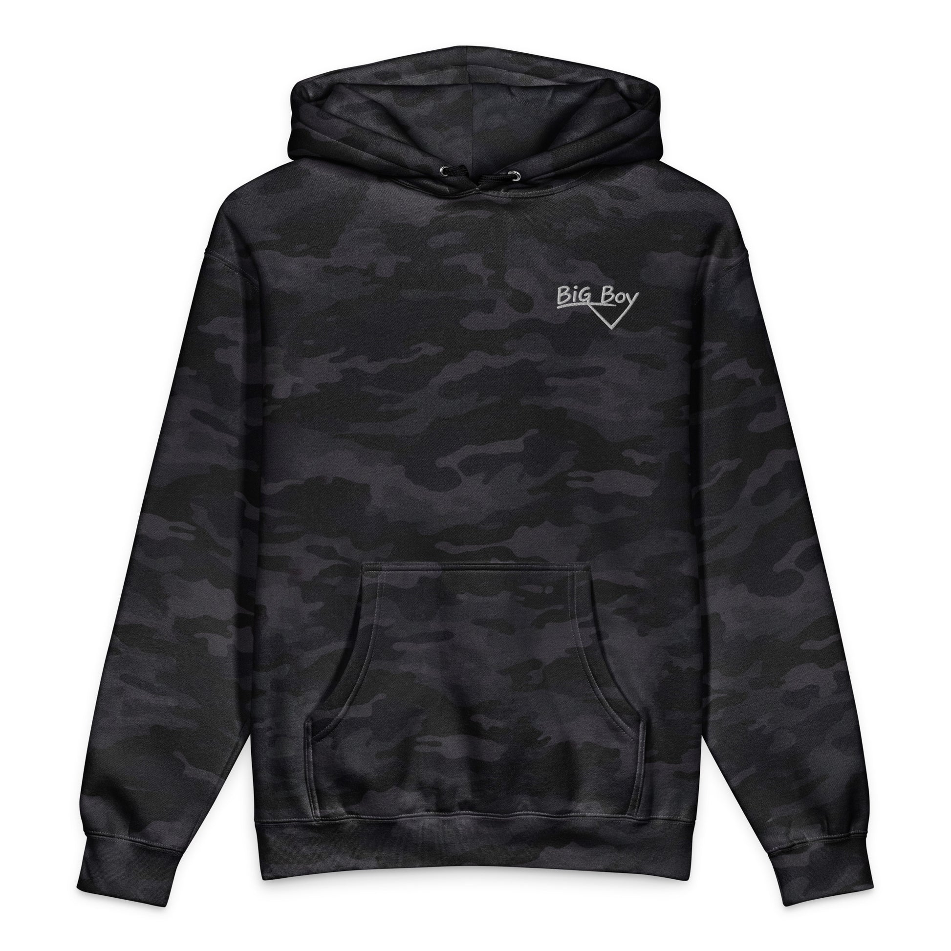 Black camo heavyweight hoodie featuring the classic white chalk-style "Big Boy" script logo embroidered on the left chest.