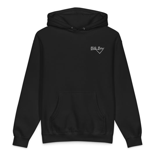 Black heavyweight hoodie featuring the classic white chalk-style "Big Boy" script logo embroidered on the left chest.
