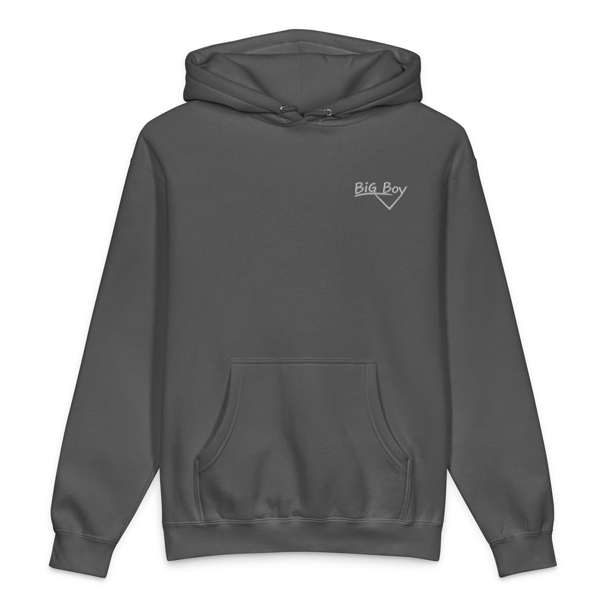 Gray heavyweight hoodie featuring the classic white chalk-style "Big Boy" script logo embroidered on the left chest.