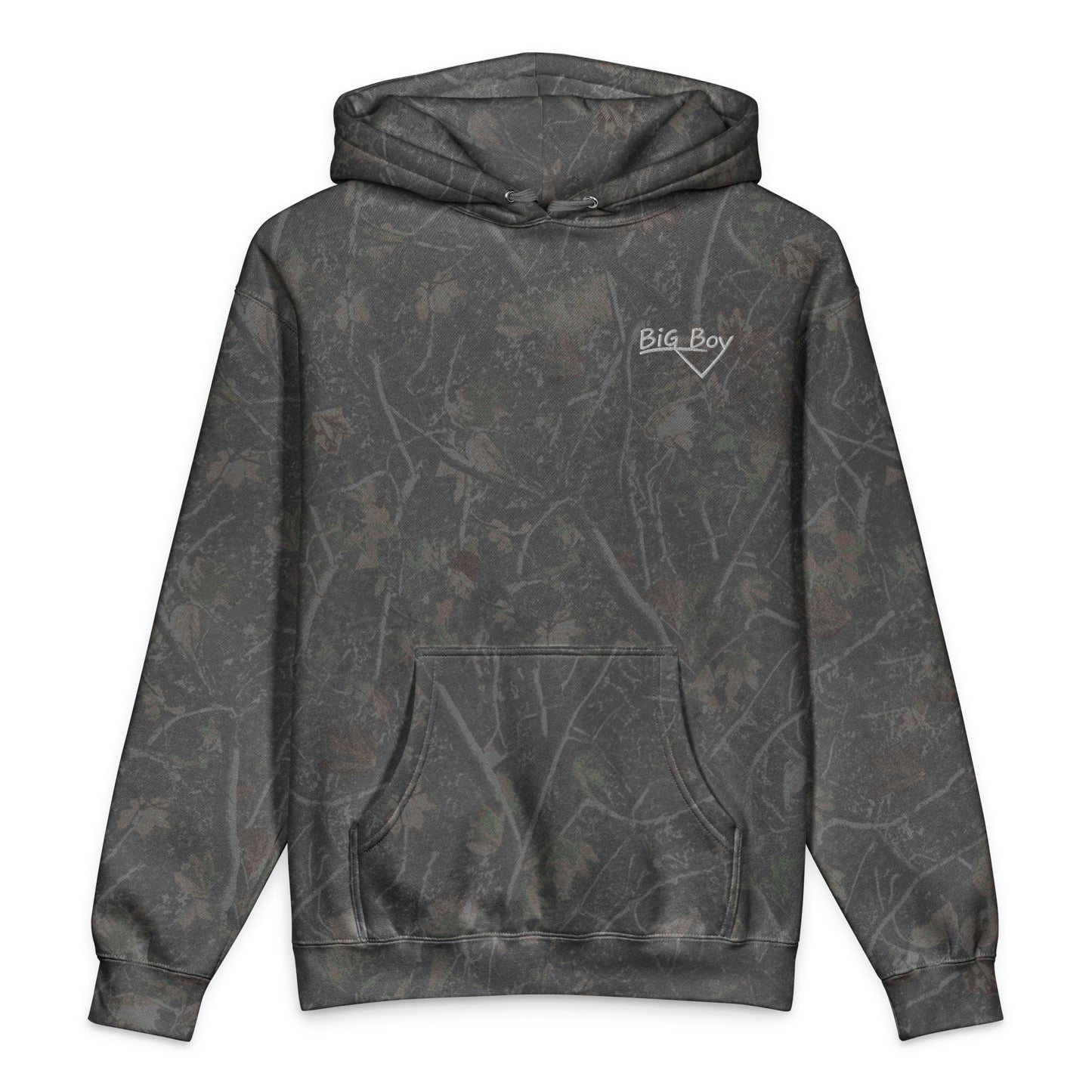 Camo heavyweight hoodie featuring the classic white chalk-style "Big Boy" script logo embroidered on the left chest.