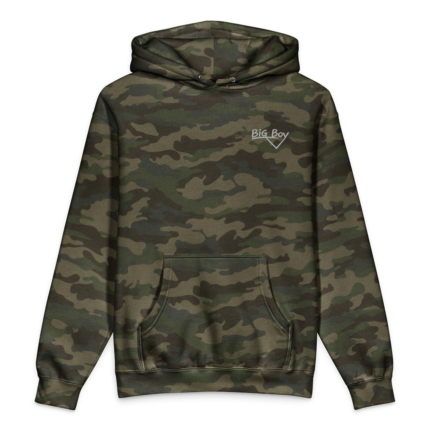 Green camo heavyweight hoodie featuring the classic white chalk-style "Big Boy" script logo embroidered on the left chest.
