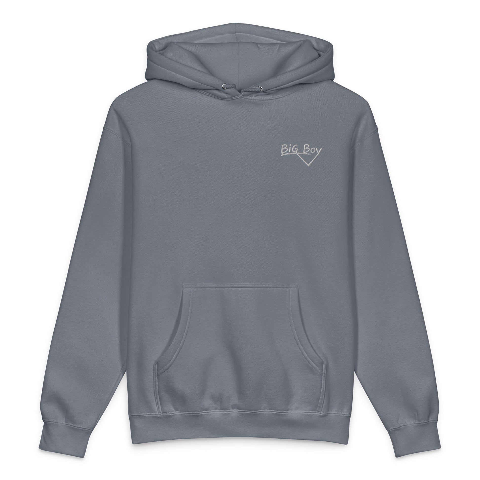 Steel blue heavyweight hoodie featuring the classic white chalk-style "Big Boy" script logo embroidered on the left chest.