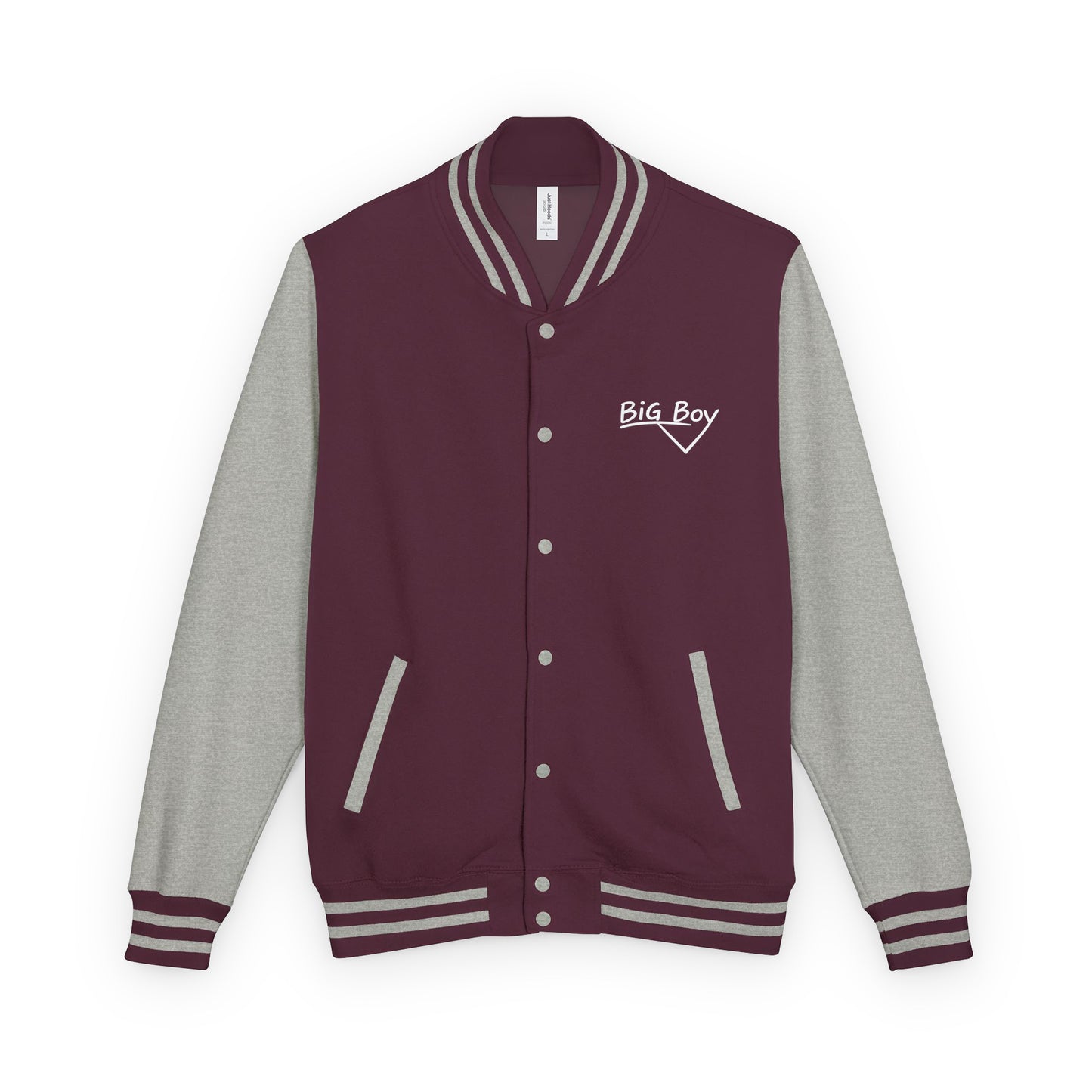 Maroon and gray varsity jacket featuring the classic white chalk-style "Big Boy" script logo embroidered on the left chest. The collar features a vintage white and black striped pattern.