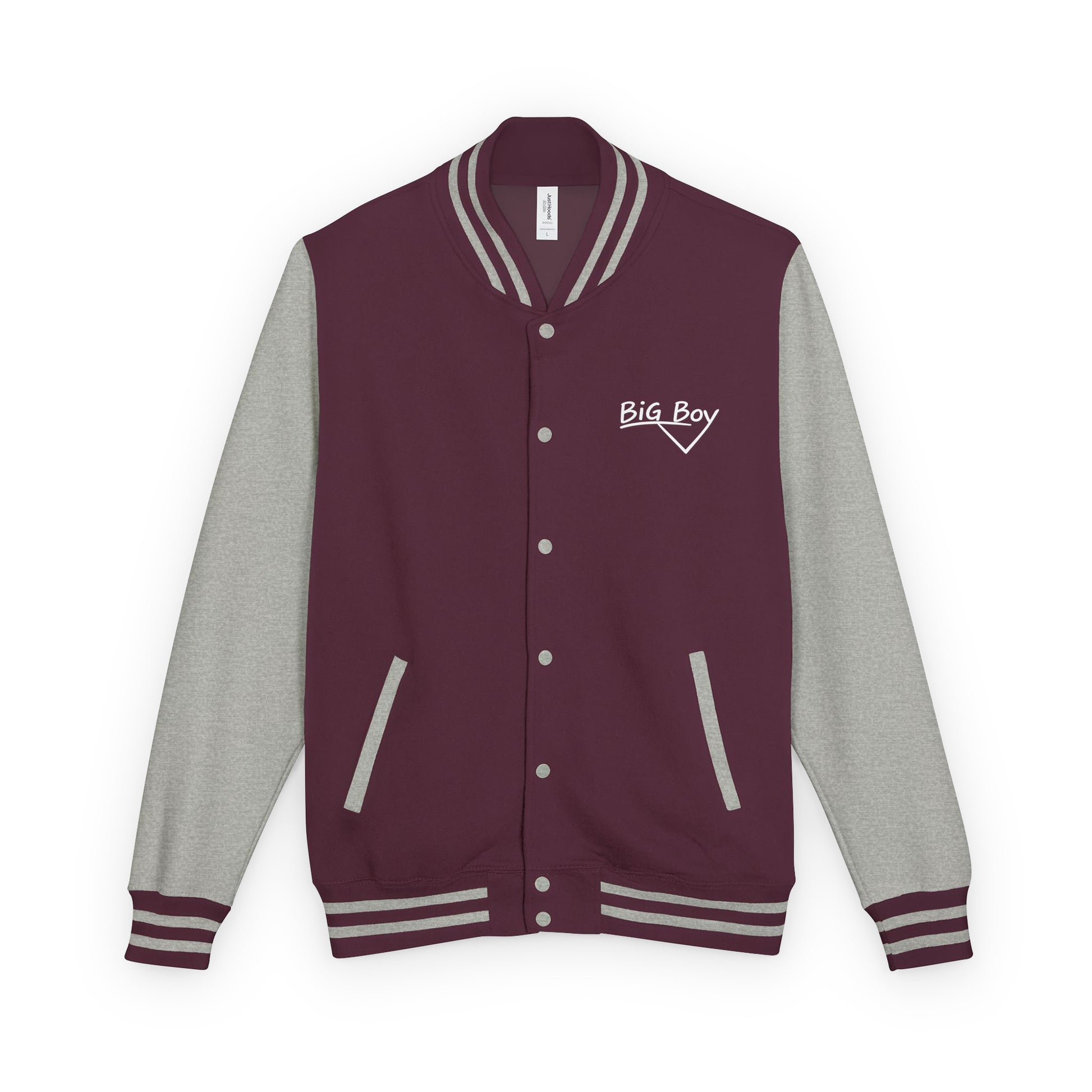 Maroon and gray varsity jacket featuring the classic white chalk-style "Big Boy" script logo embroidered on the left chest. The collar features a vintage white and black striped pattern.