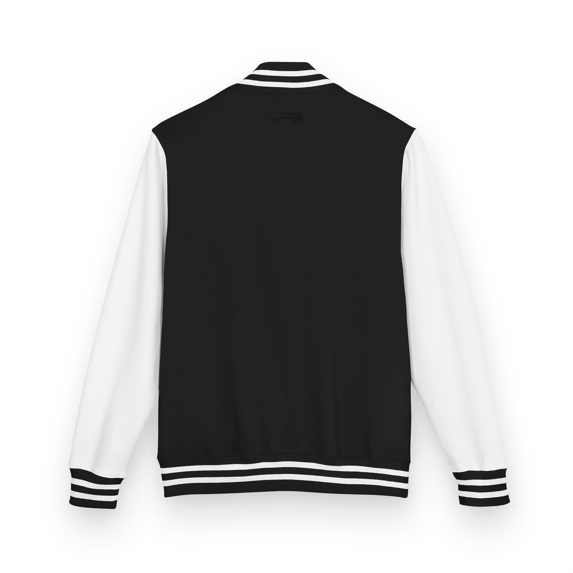 Black and white varsity jacket on a white background