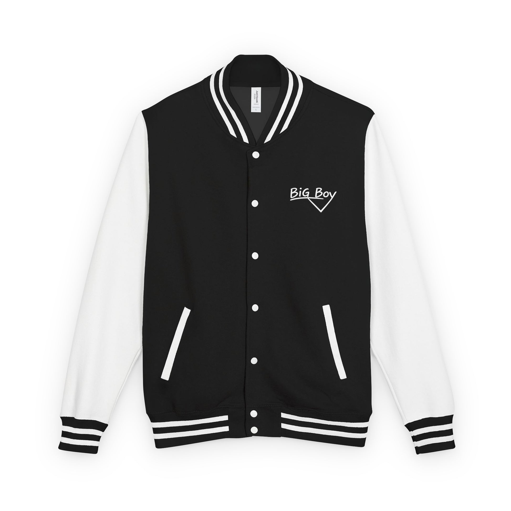 Black and white varsity jacket featuring the classic white chalk-style "Big Boy" script logo embroidered on the left chest. The collar features a vintage white and black striped pattern.