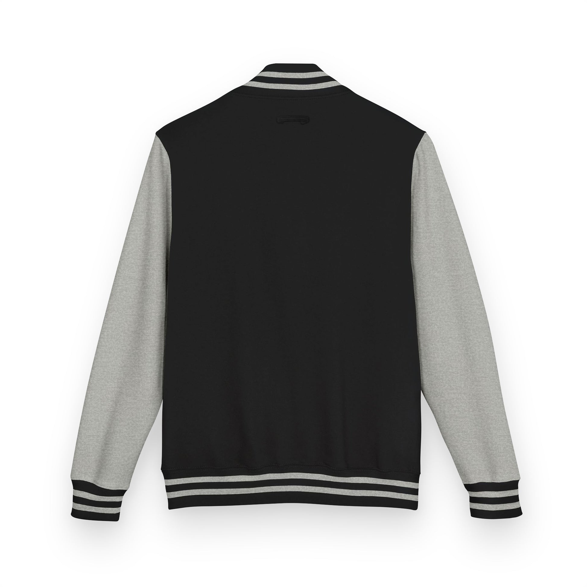 Black varsity jacket with gray sleeves on a white background