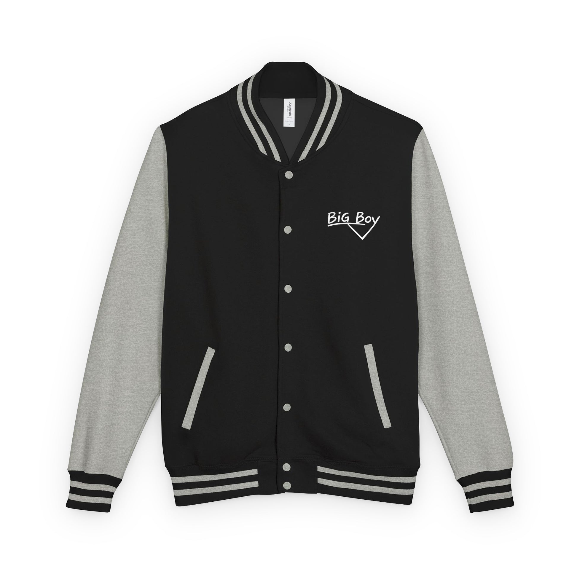 Black and gray varsity jacket featuring the classic white chalk-style "Big Boy" script logo embroidered on the left chest. The collar features a vintage white and black striped pattern.