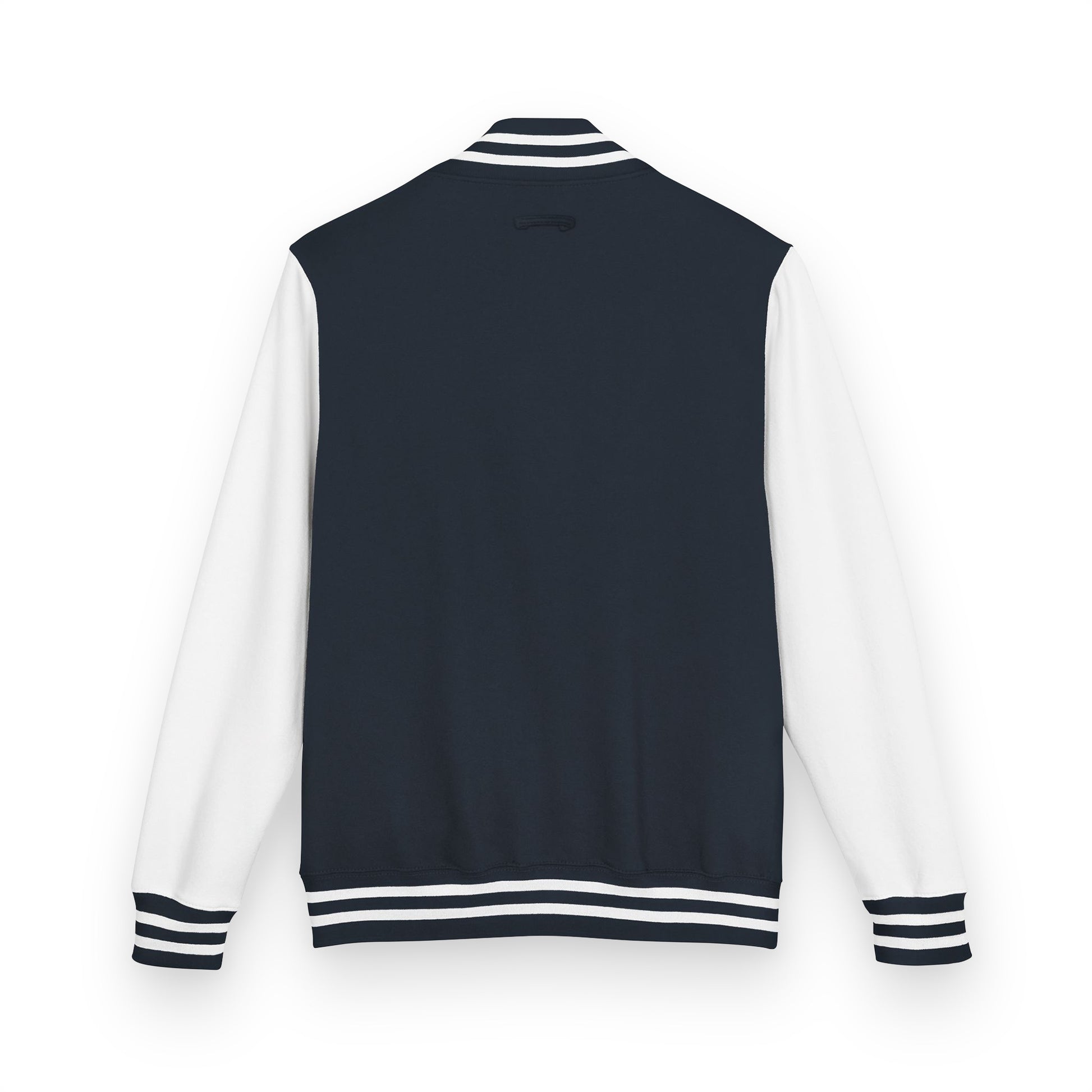 Navy and white varsity jacket on a white background