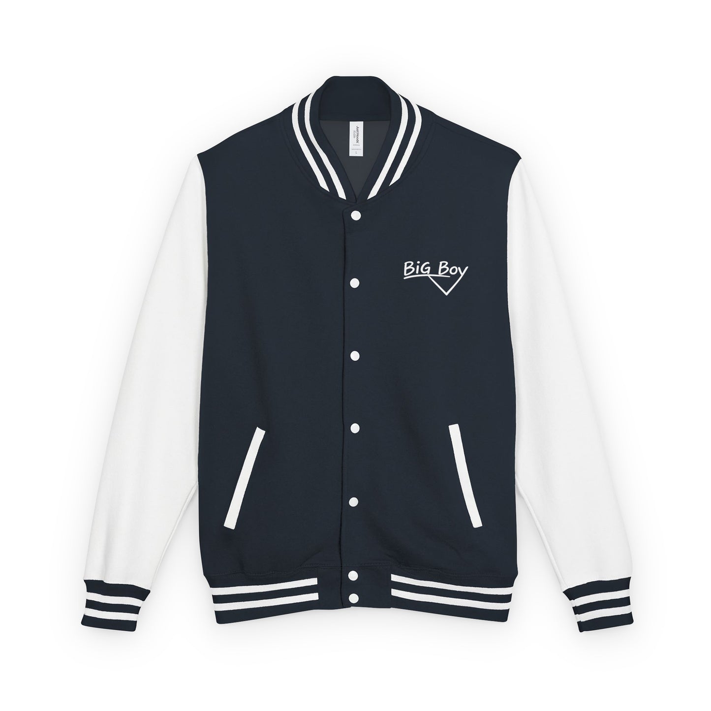 A varsity-style jacket with a dark navy blue body and white sleeves, featuring the classic white chalk-style "Big Boy" script logo embroidered on the left chest. The collar features a vintage white and black striped pattern.