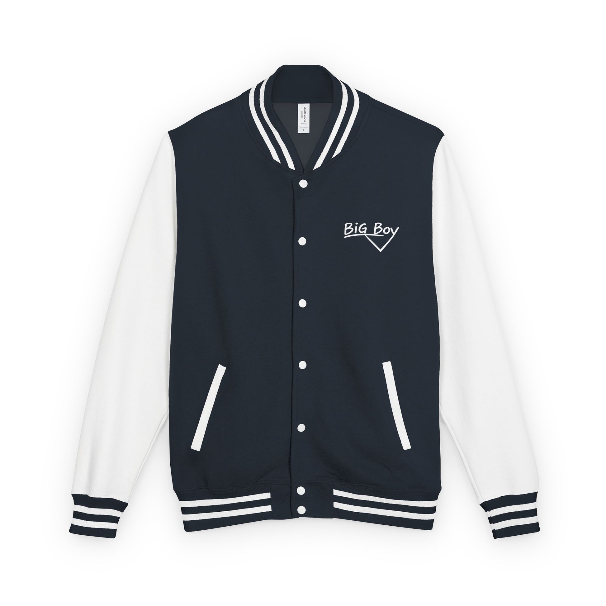 A varsity-style jacket with a dark navy blue body and white sleeves, featuring the classic white chalk-style "Big Boy" script logo embroidered on the left chest. The collar features a vintage white and black striped pattern.
