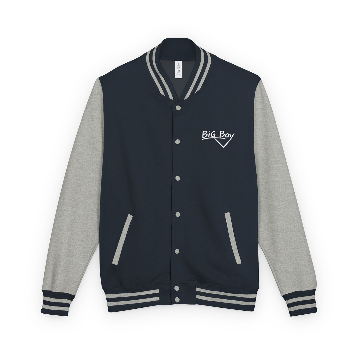Navy and gray varsity jacket featuring the classic white chalk-style "Big Boy" script logo embroidered on the left chest. The collar features a vintage white and black striped pattern.