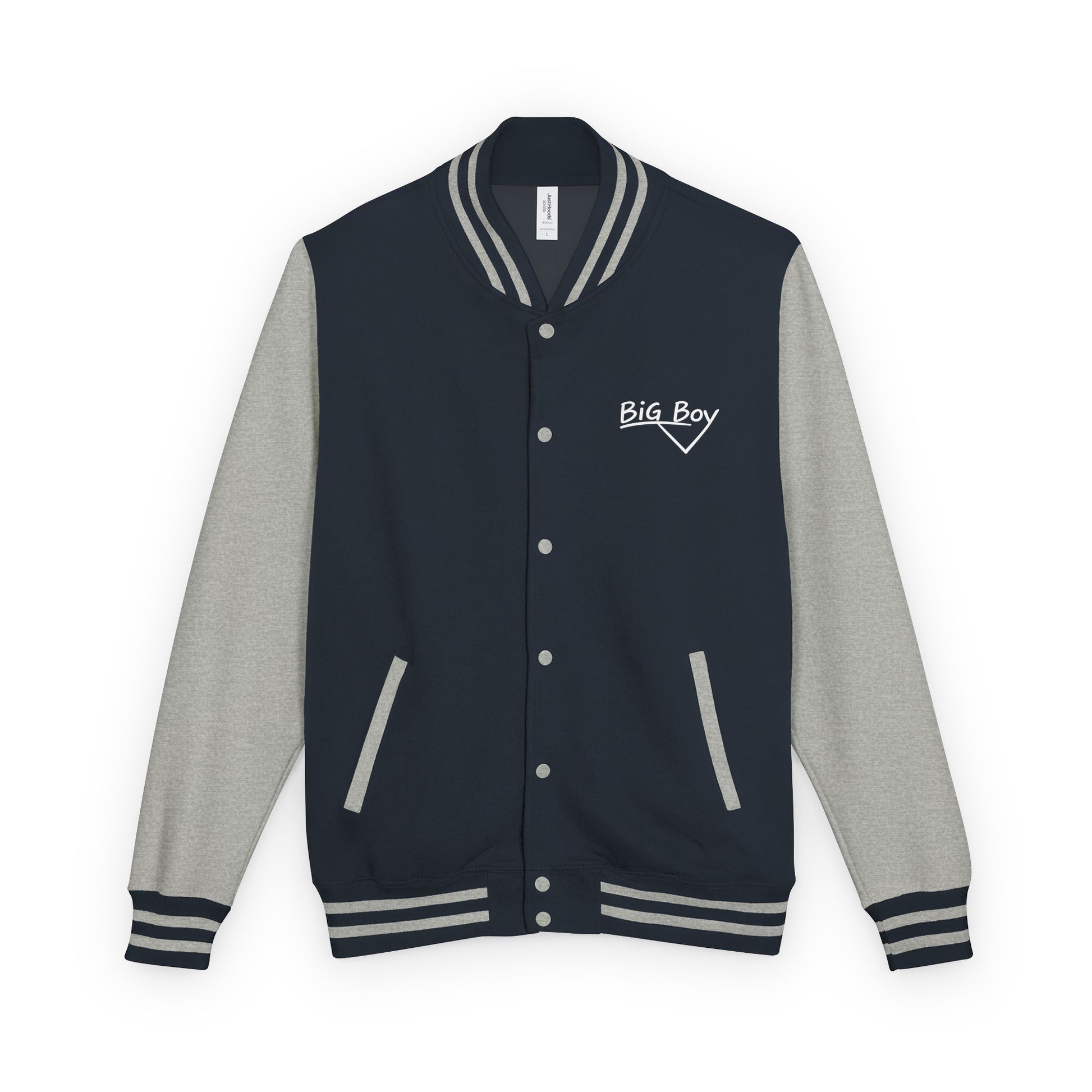 Navy and gray varsity jacket featuring the classic white chalk-style "Big Boy" script logo embroidered on the left chest. The collar features a vintage white and black striped pattern.
