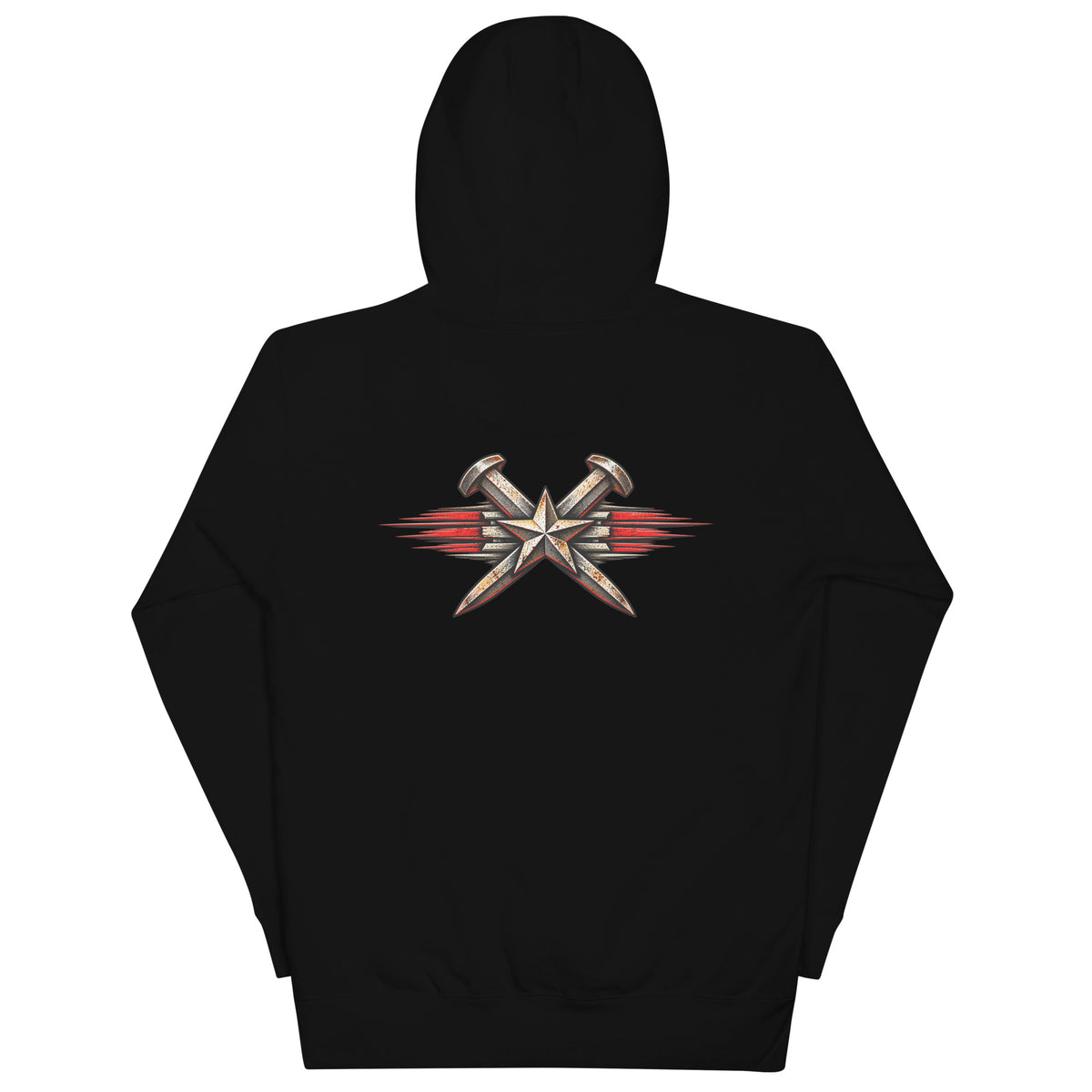 Black Just One More Train premium railroad hoodie, back view with crossed railroad spikes emblem
