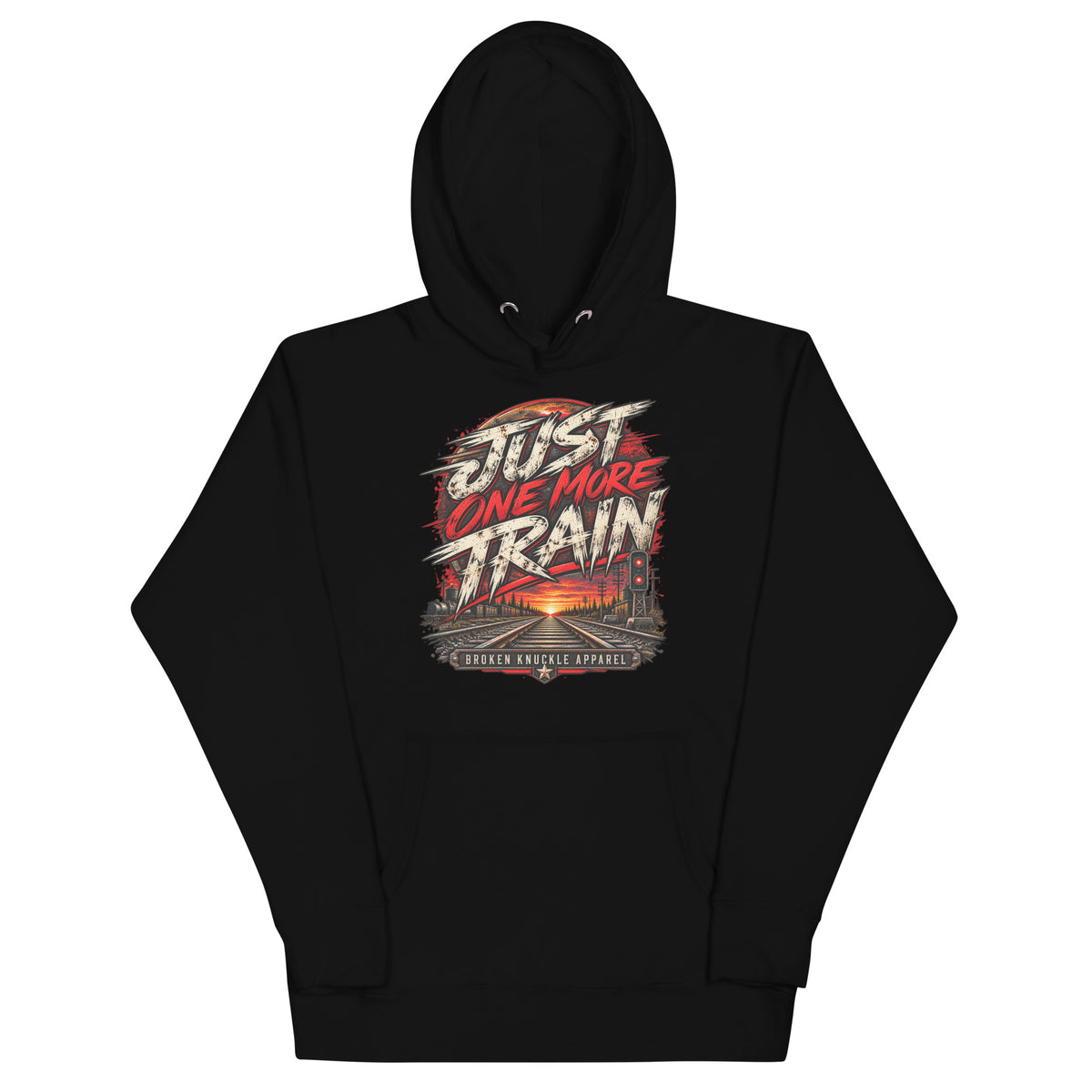 Black Just One More Train premium railroad hoodie, front view with distressed vintage railroad graphic