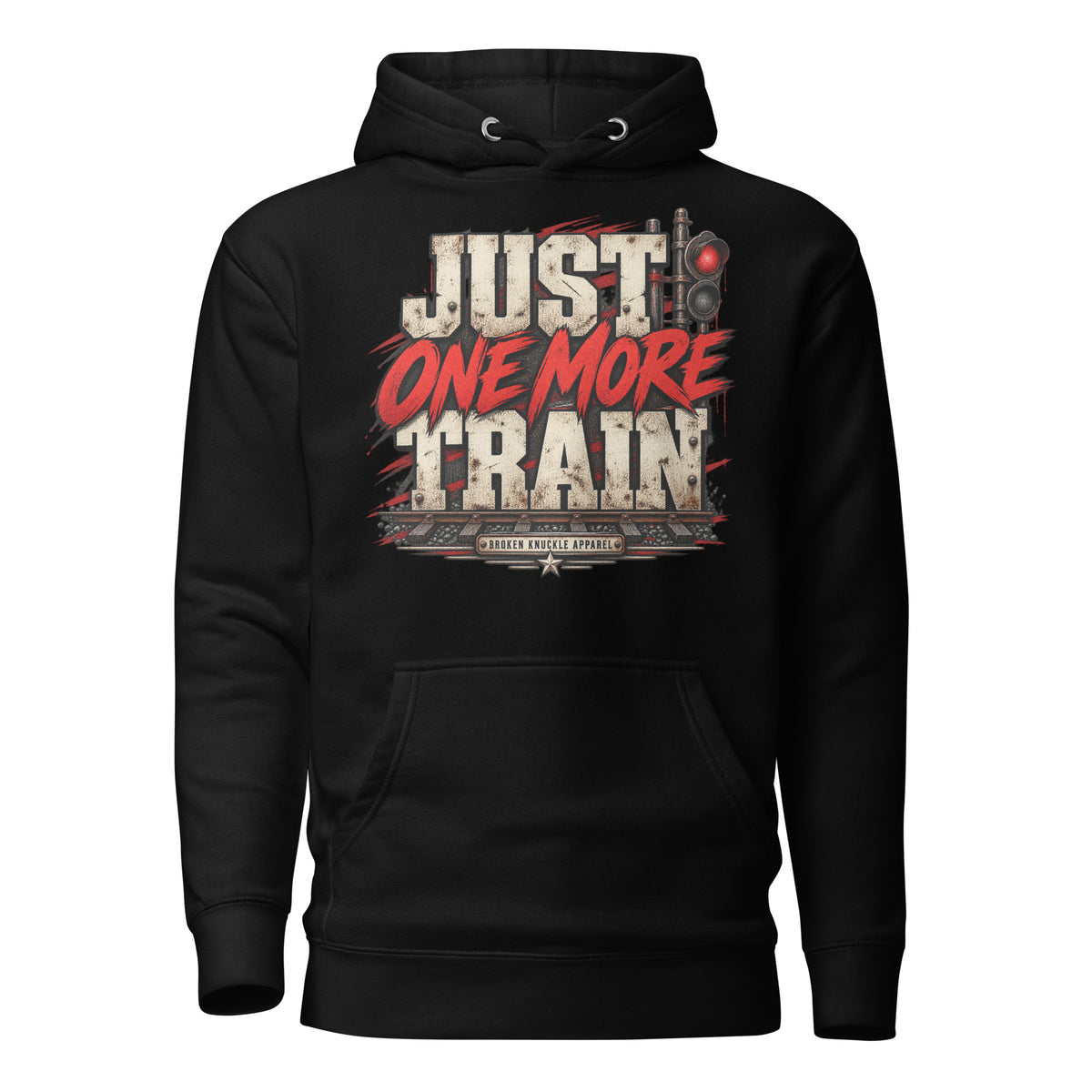 Black Just One More Train Grunge premium railroad hoodie, front view with distressed statement typography